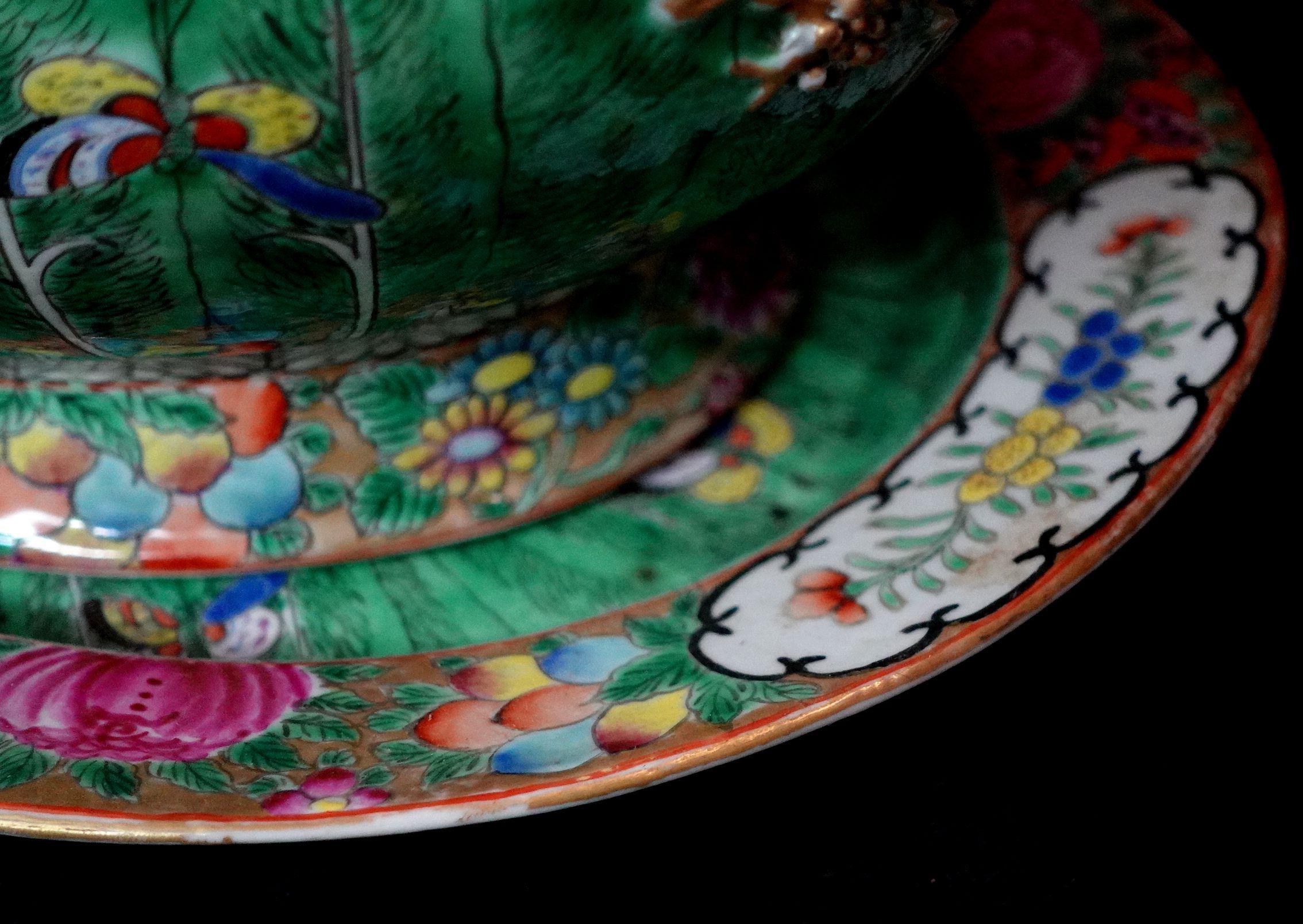 19th Century Large Chinese Antique Famille Cabbage Leaf Porcelain Tureen & Platter, Ric 060