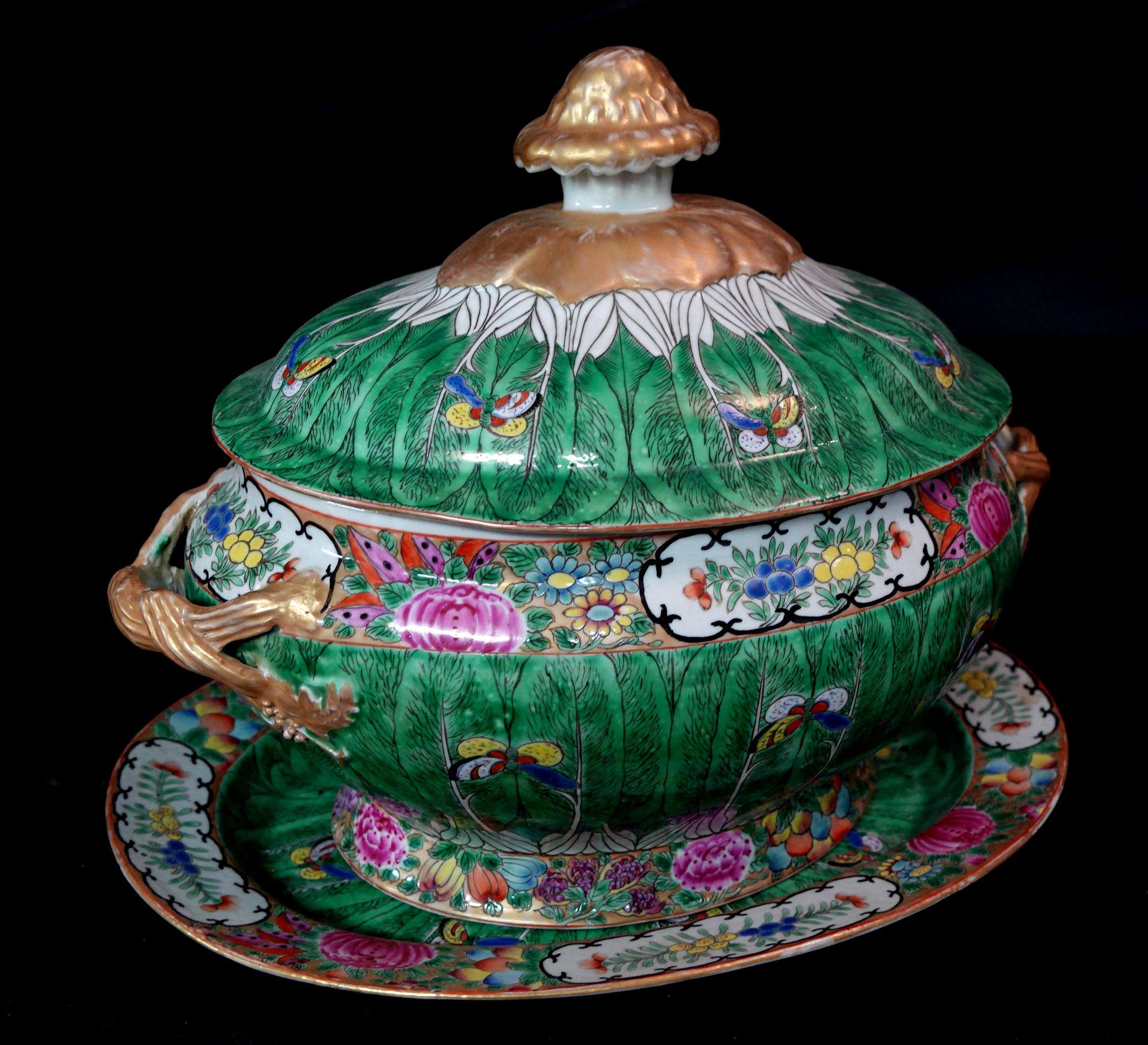 Large Chinese Antique Famille Cabbage Leaf Porcelain Tureen & Platter, Ric 060 1
