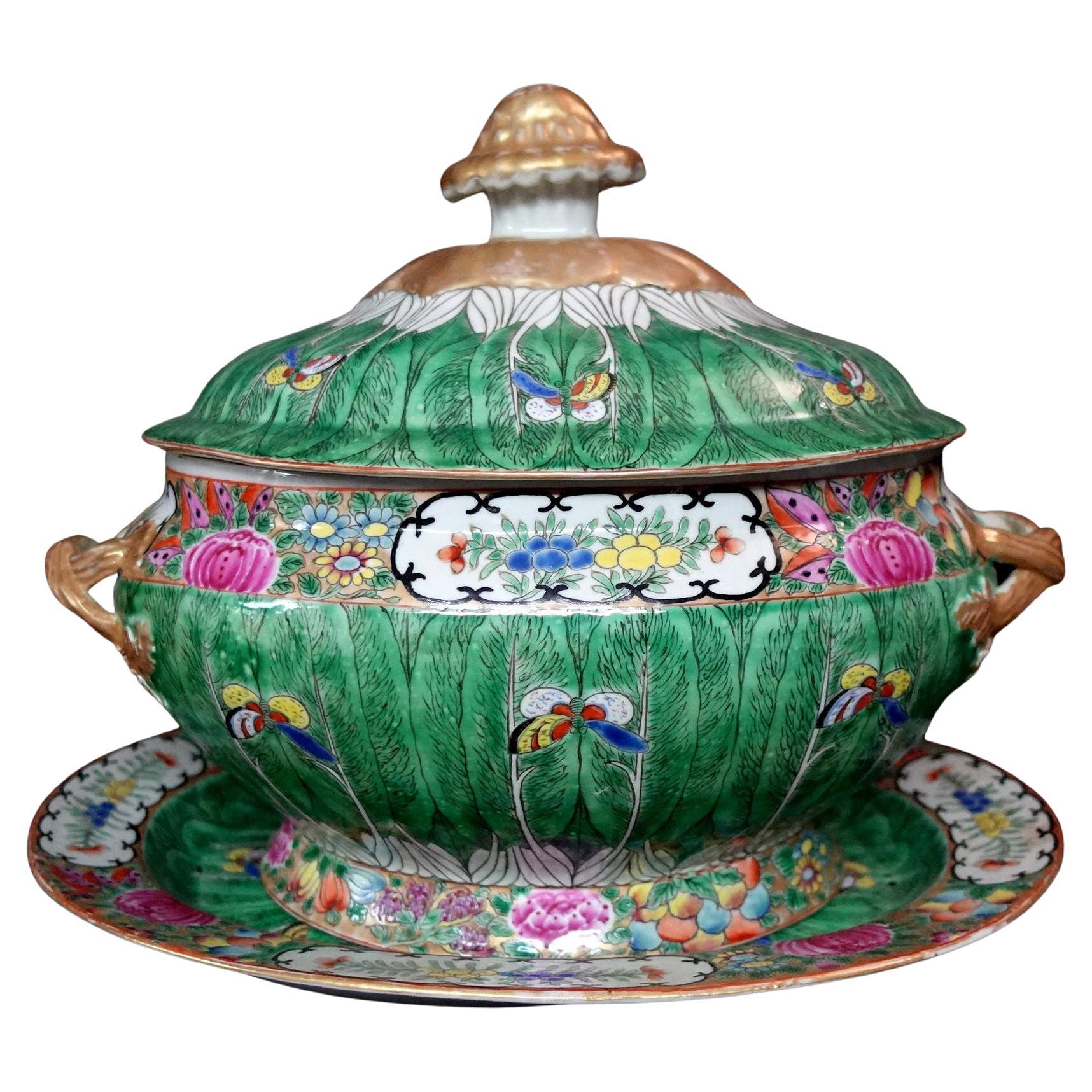 Large Chinese Antique Famille Cabbage Leaf Porcelain Tureen & Platter, Ric 060