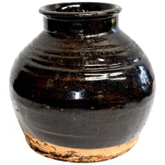 Large Chinese Antique Glazed Pottery Jar, Big Rings and Crackle