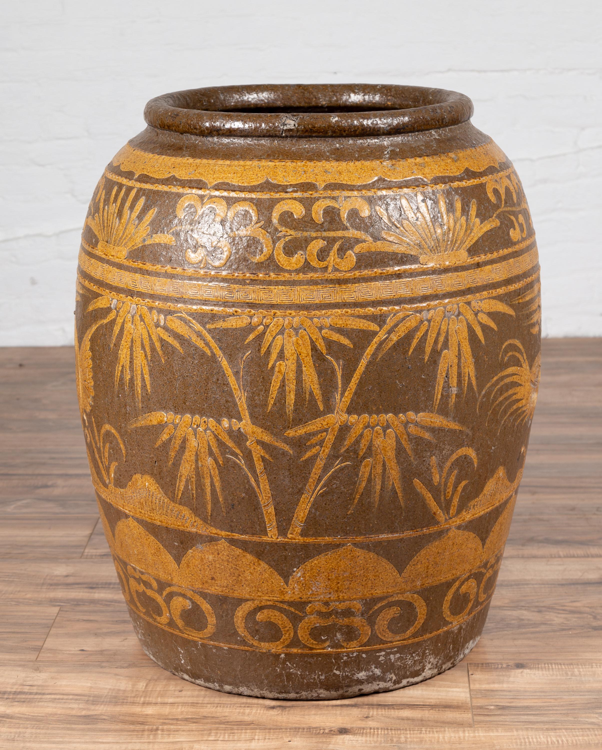 Large Chinese Antique Jar with Mustard Glaze, Bird and Floral Motifs, circa 1900 For Sale 2