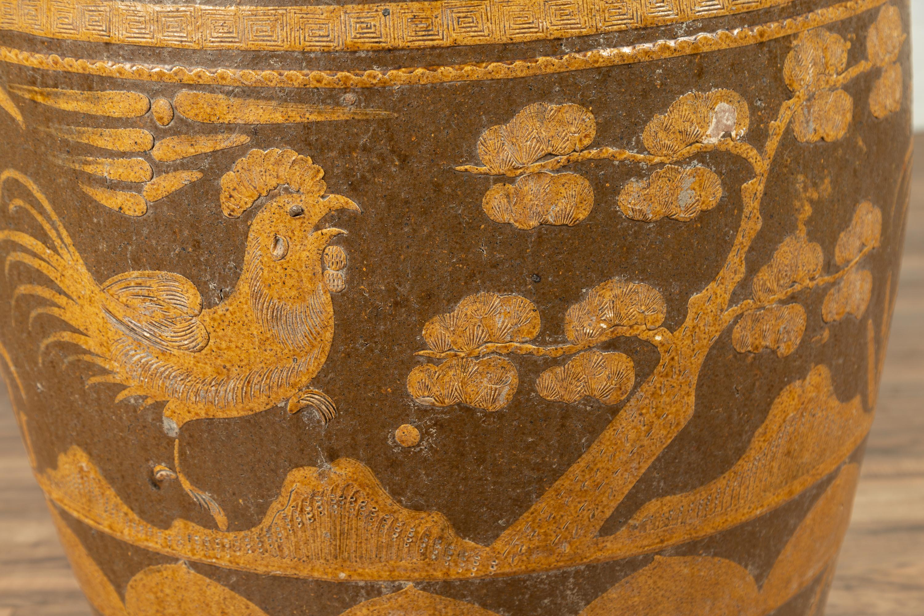 Glazed Large Chinese Antique Jar with Mustard Glaze, Bird and Floral Motifs, circa 1900 For Sale