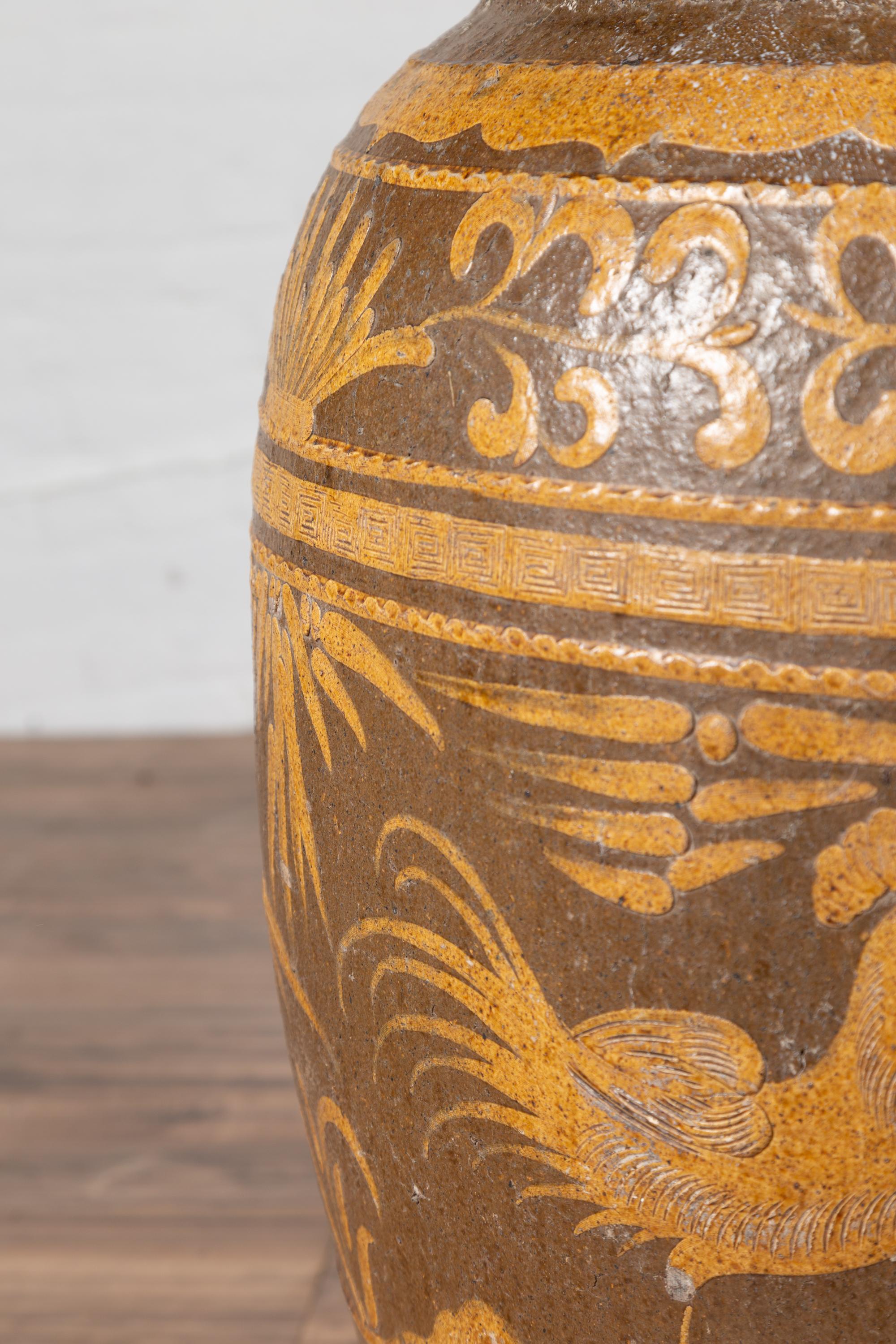 20th Century Large Chinese Antique Jar with Mustard Glaze, Bird and Floral Motifs, circa 1900 For Sale