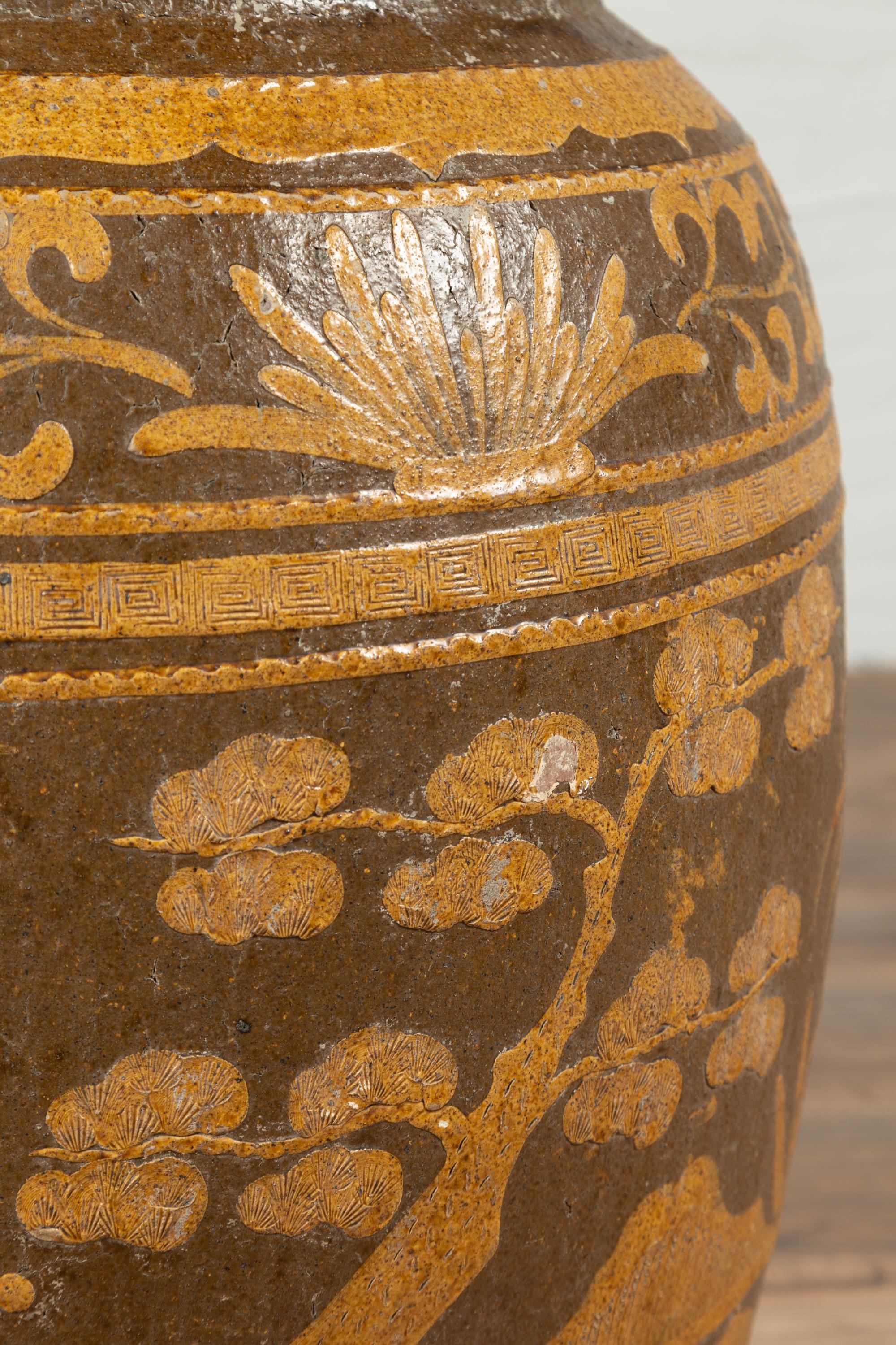 Ceramic Large Chinese Antique Jar with Mustard Glaze, Bird and Floral Motifs, circa 1900 For Sale