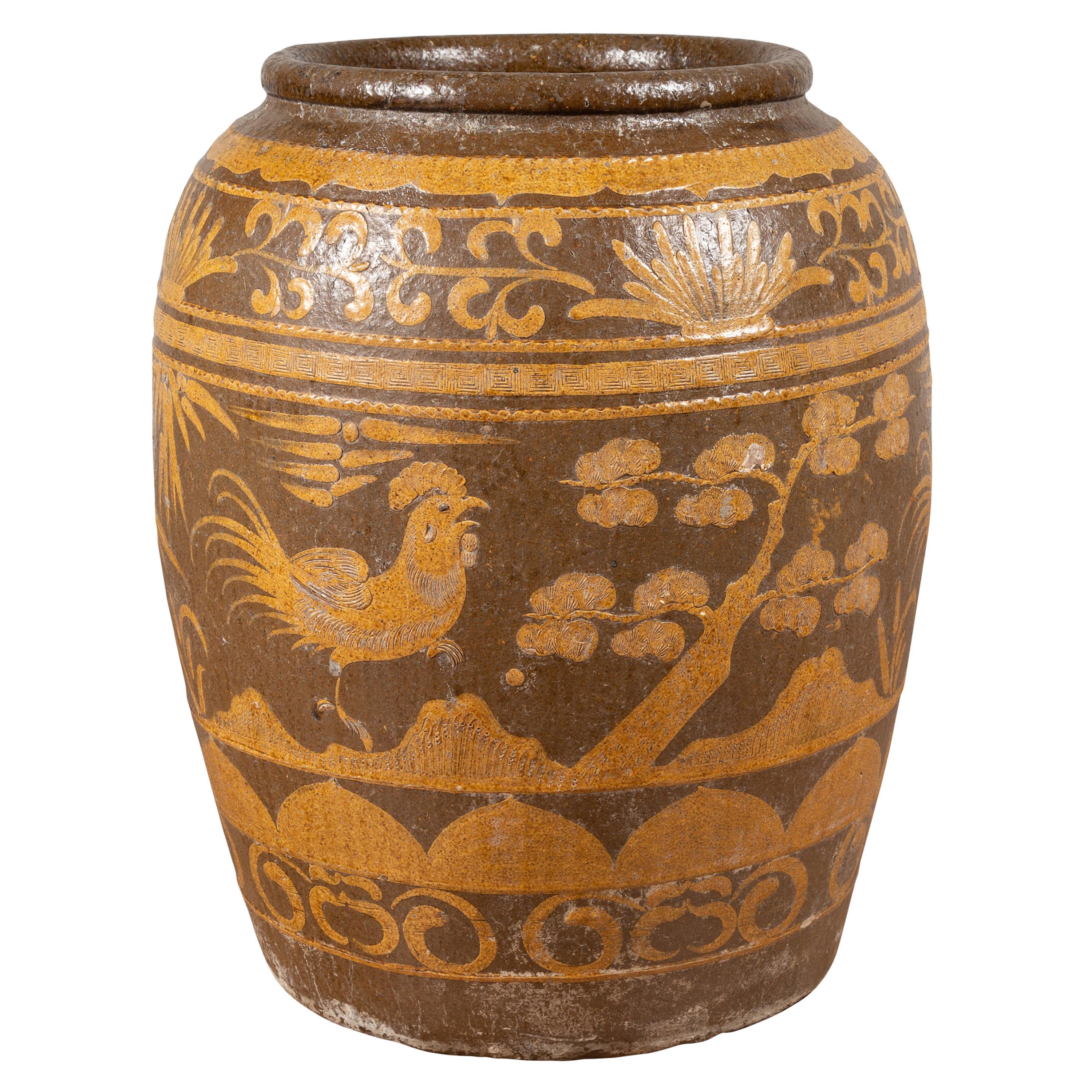 Large Chinese Antique Jar with Mustard Glaze, Bird and Floral Motifs, circa 1900 For Sale