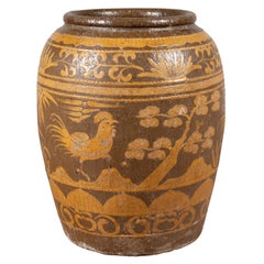 Large Chinese Antique Jar with Mustard Glaze, Bird and Floral Motifs, circa 1900