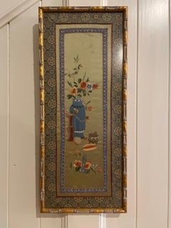 Large Chinese Asian Silk Flowers Old Embroidery Panel in Gold Bamboo Frame