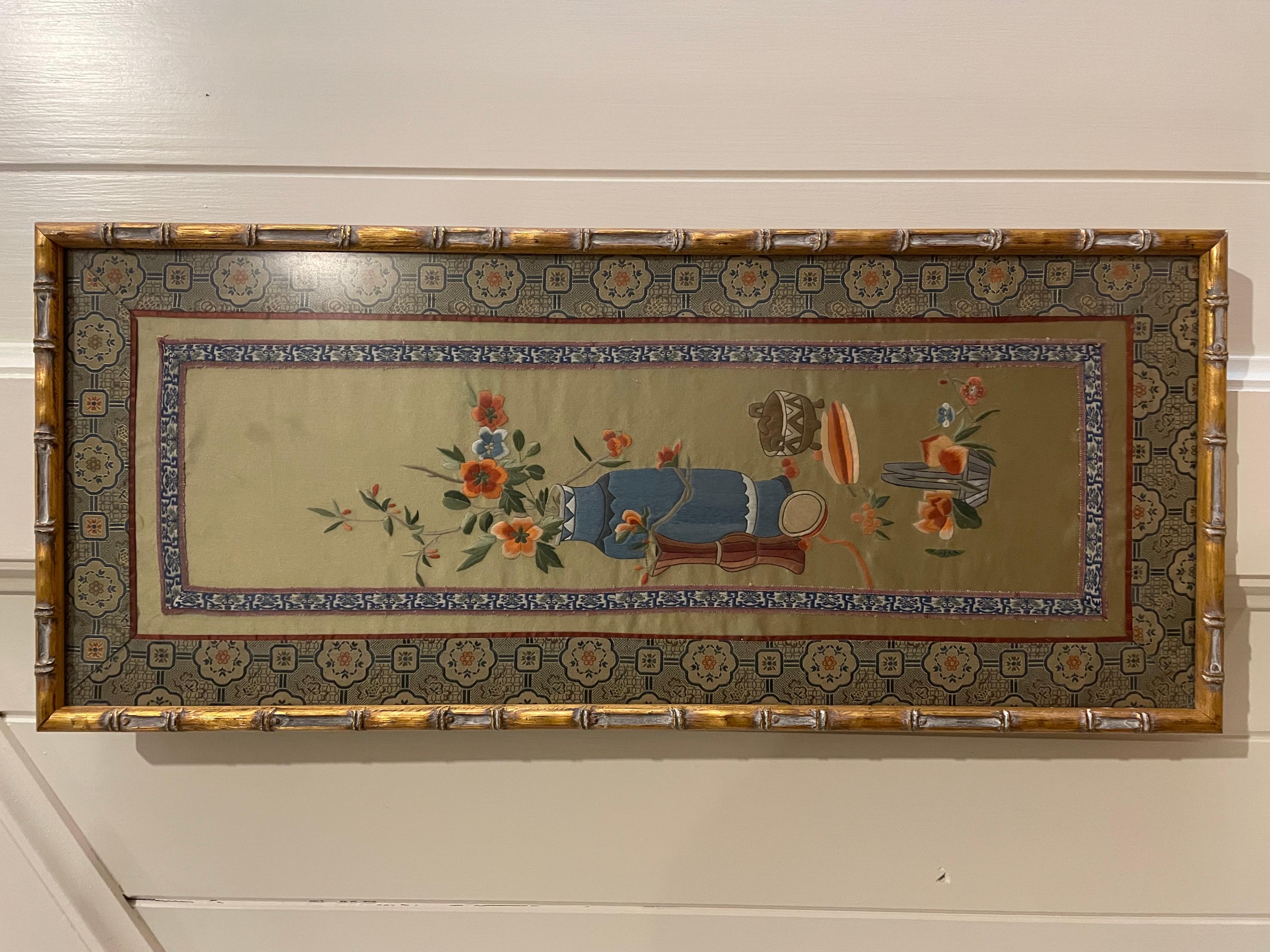 Large Chinese Asian Silk Flowers Old Embroidery Panel in Gold Bamboo Frame In Excellent Condition For Sale In Cookeville, TN