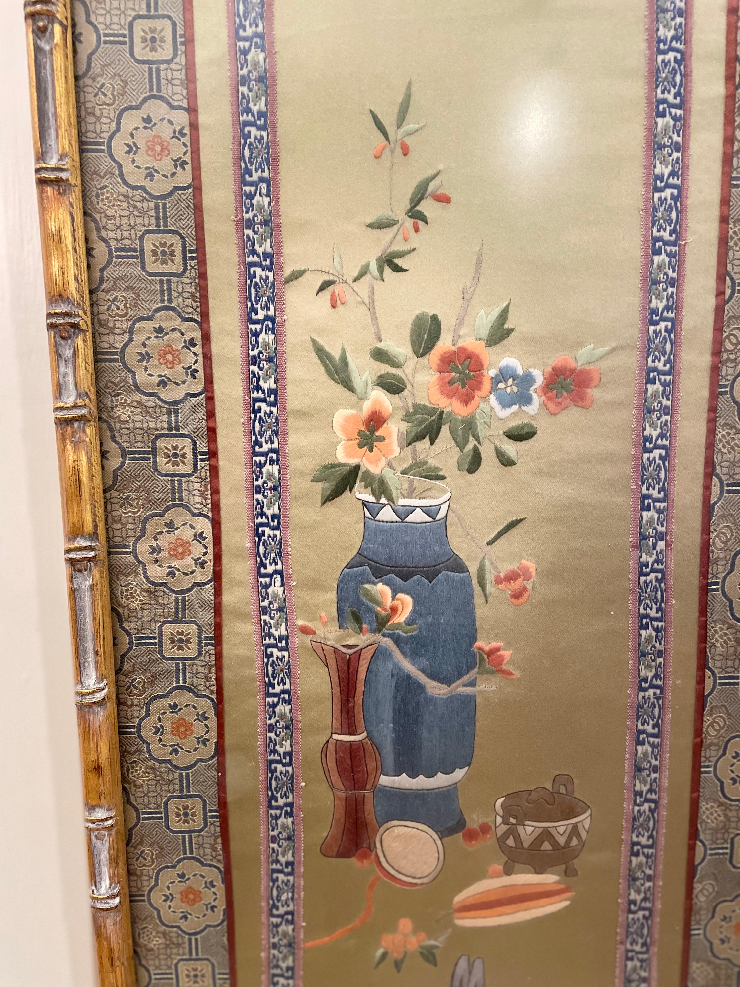 20th Century Large Chinese Asian Silk Flowers Old Embroidery Panel in Gold Bamboo Frame For Sale