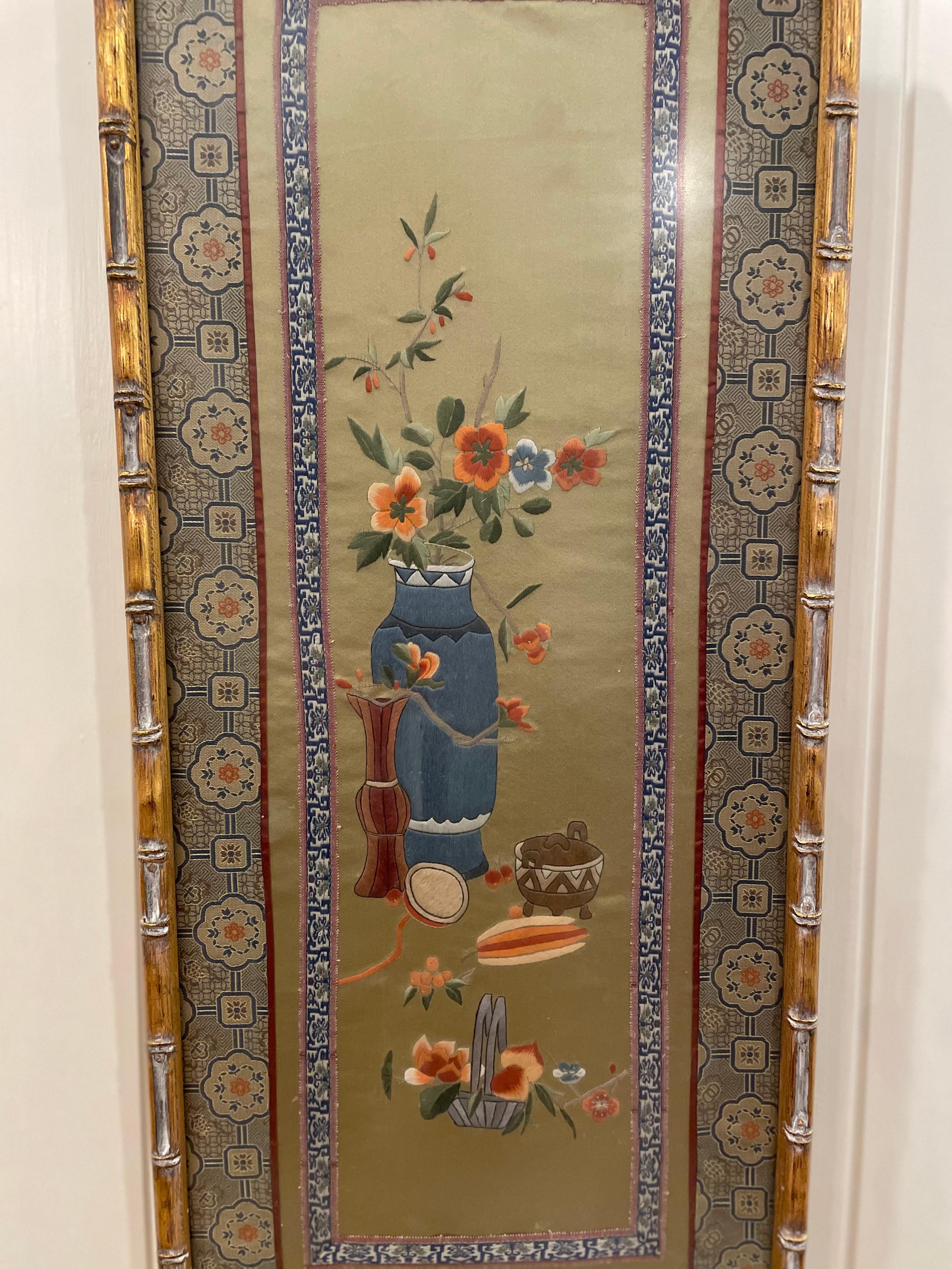 Textile Large Chinese Asian Silk Flowers Old Embroidery Panel in Gold Bamboo Frame For Sale