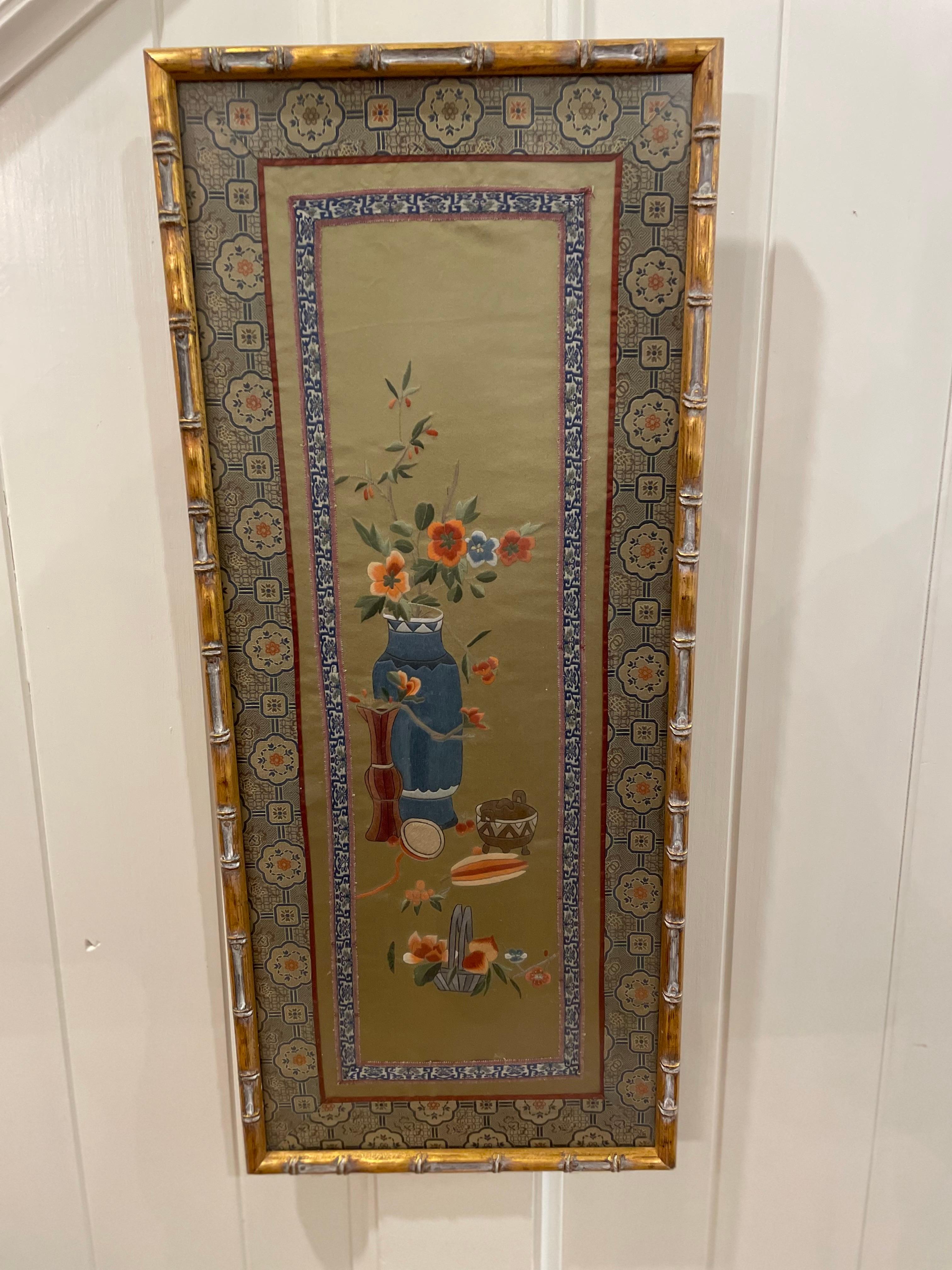 Large Chinese Asian Silk Flowers Old Embroidery Panel in Gold Bamboo Frame For Sale 1
