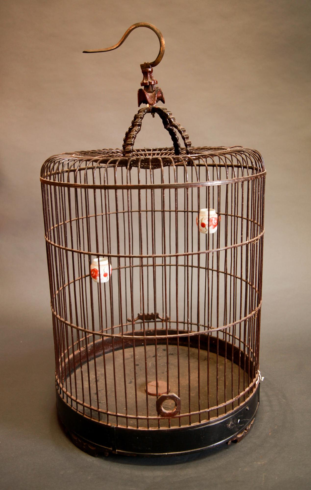 Large Chinese Bamboo Birdcage with Bird Feeders, Early 20th Century 1