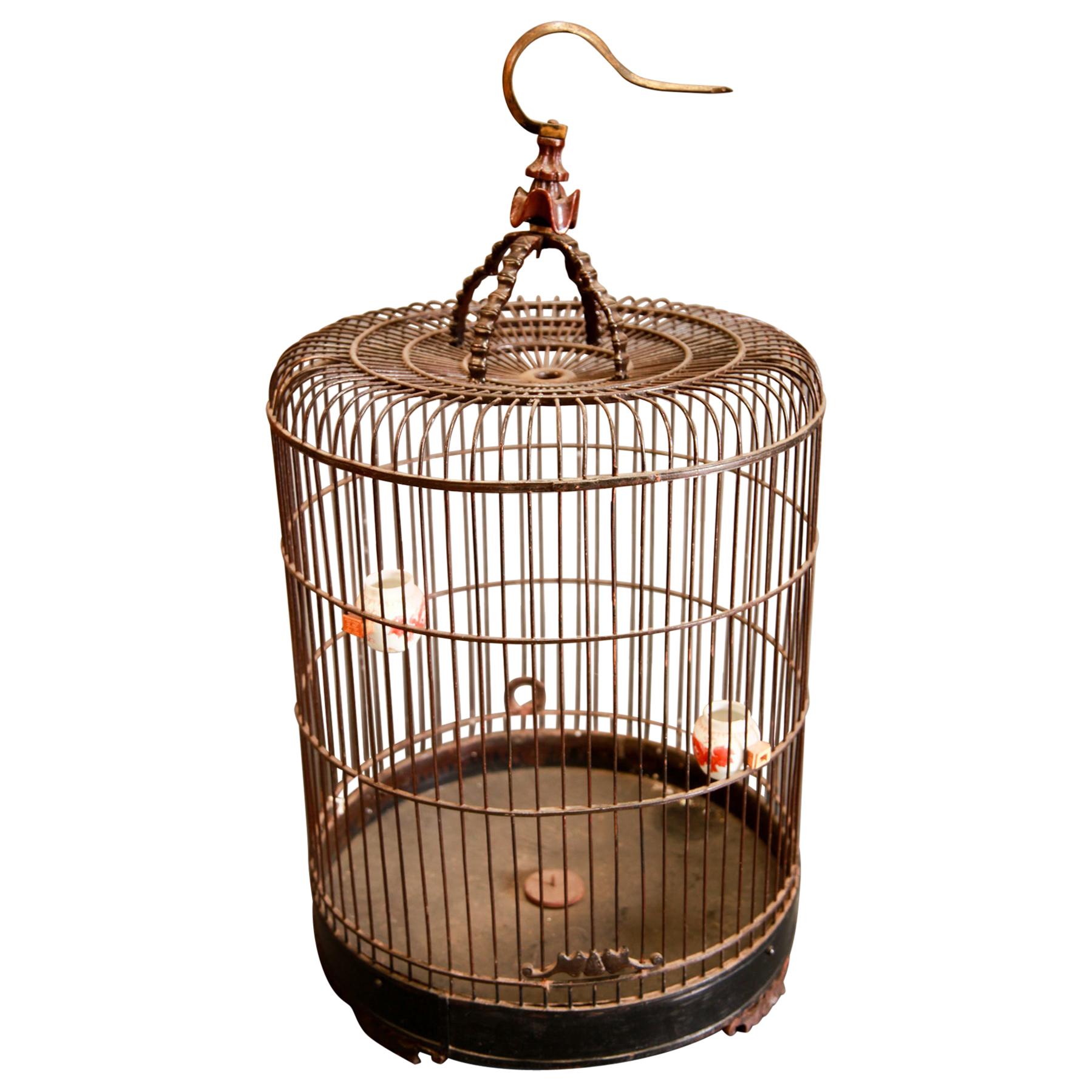 Large Chinese Bamboo Birdcage with Bird Feeders, Early 20th Century