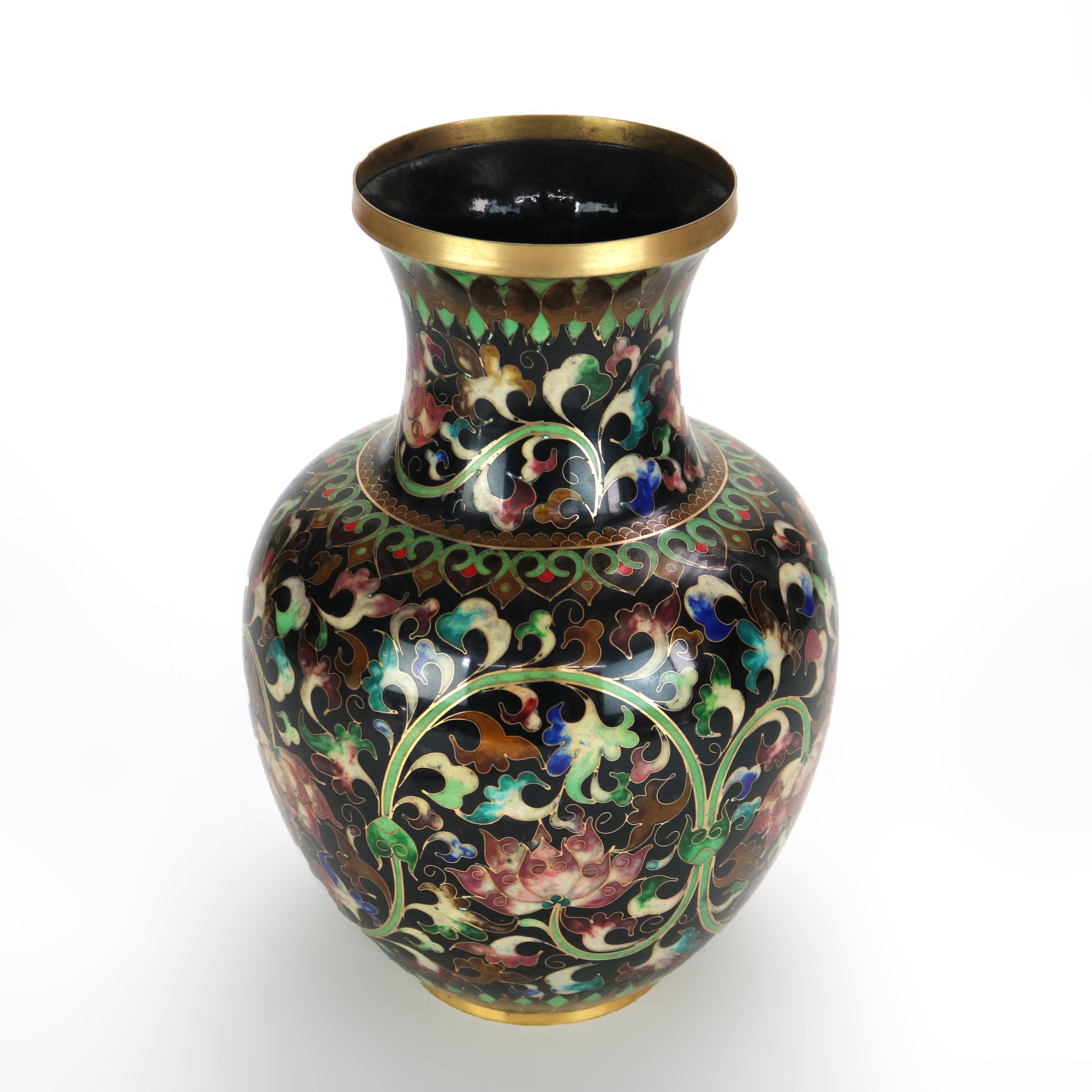 Large Chinese Black Cloisonne Floral Enameled Vase Signed 20thC.  

Measures- 11.75