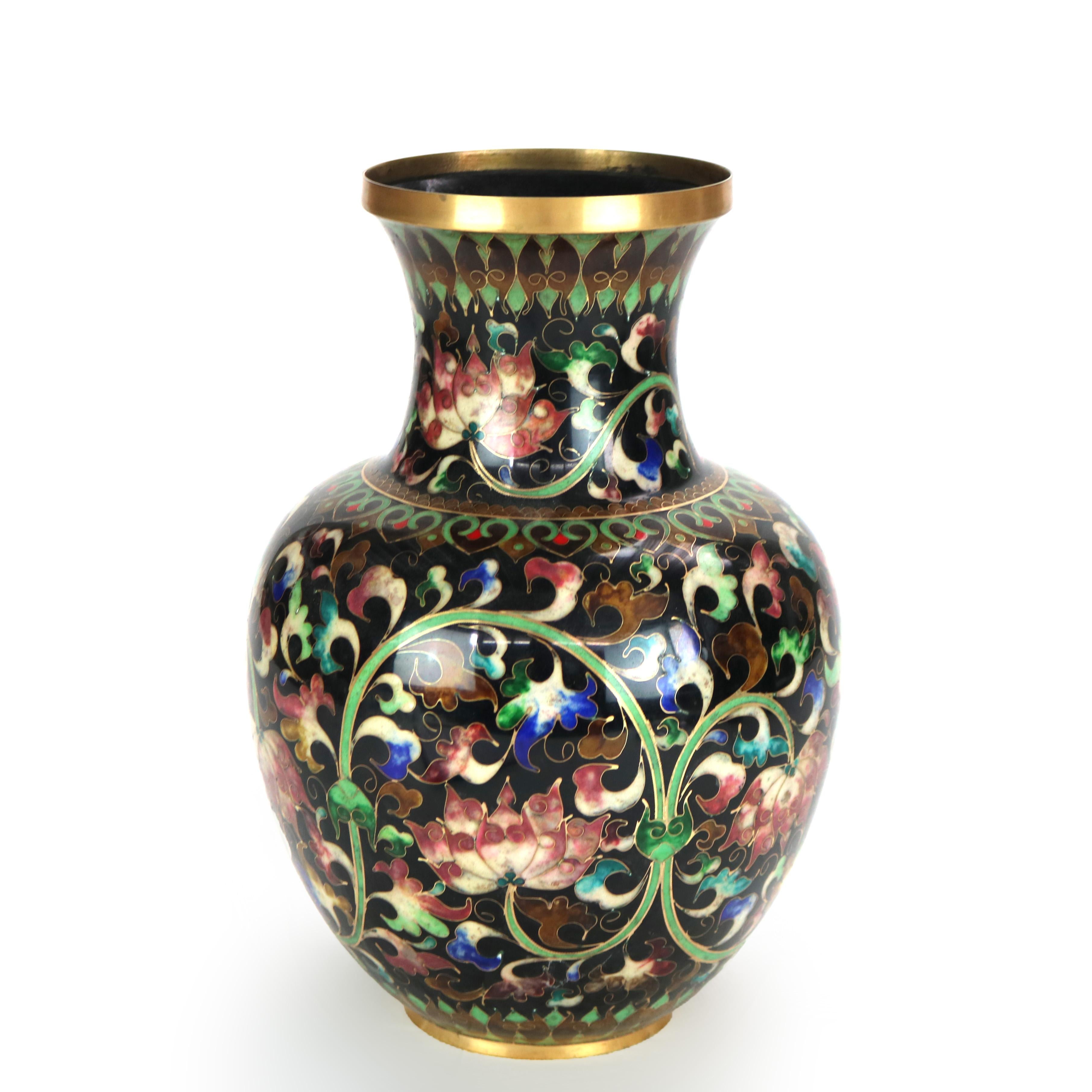20th Century Large Chinese Black Cloisonne Floral Enameled Vase Signed 20thC