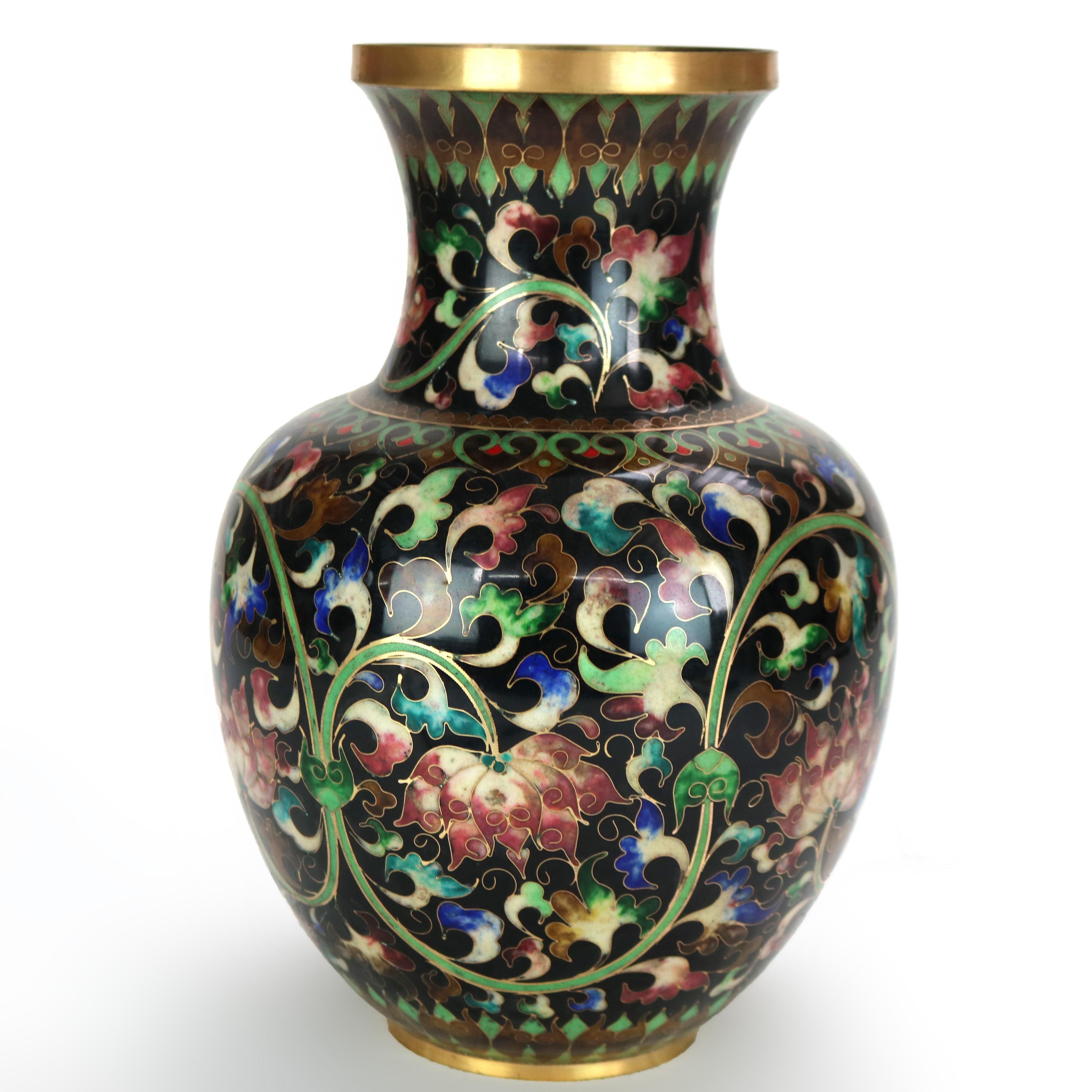 Metal Large Chinese Black Cloisonne Floral Enameled Vase Signed 20thC