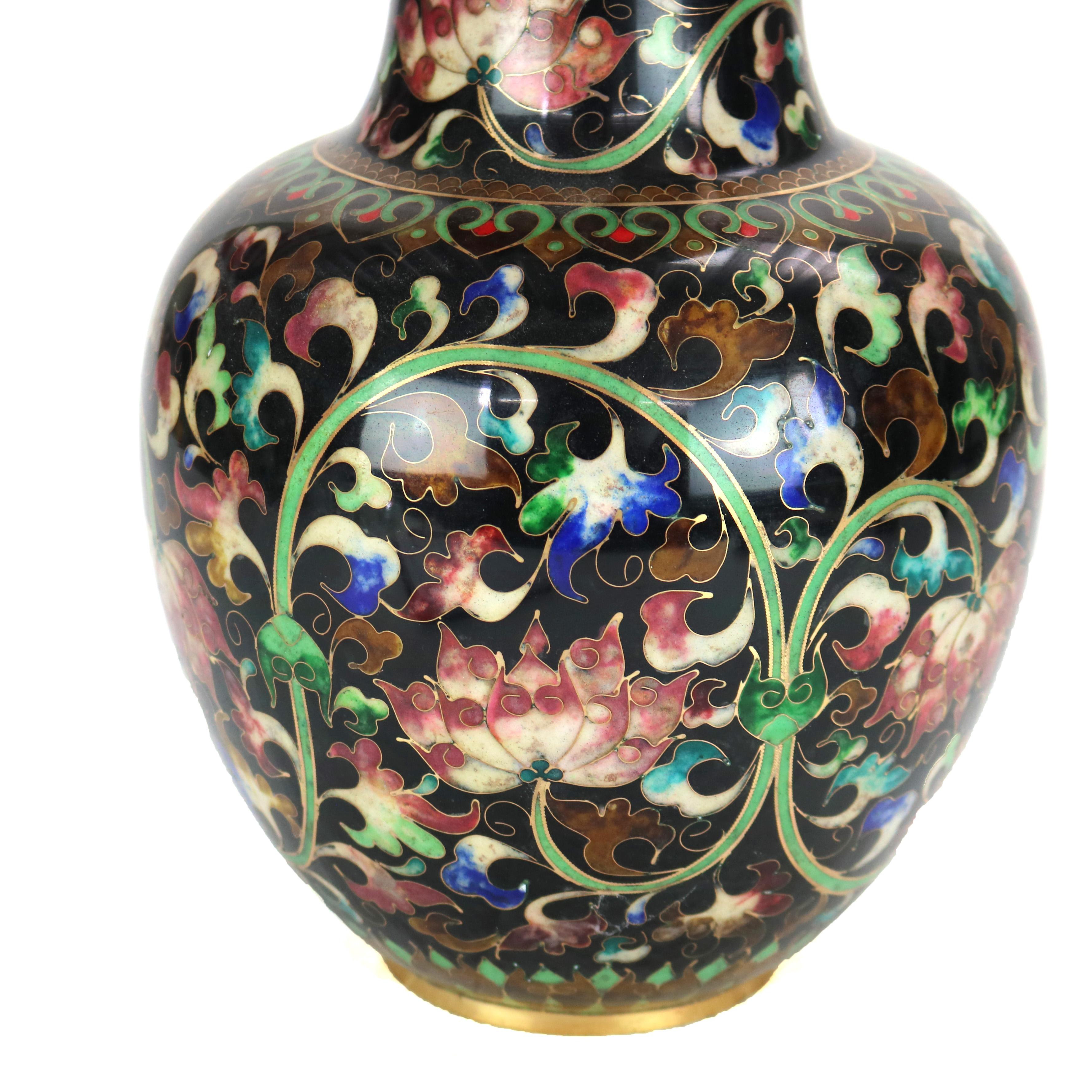 Large Chinese Black Cloisonne Floral Enameled Vase Signed 20thC 1