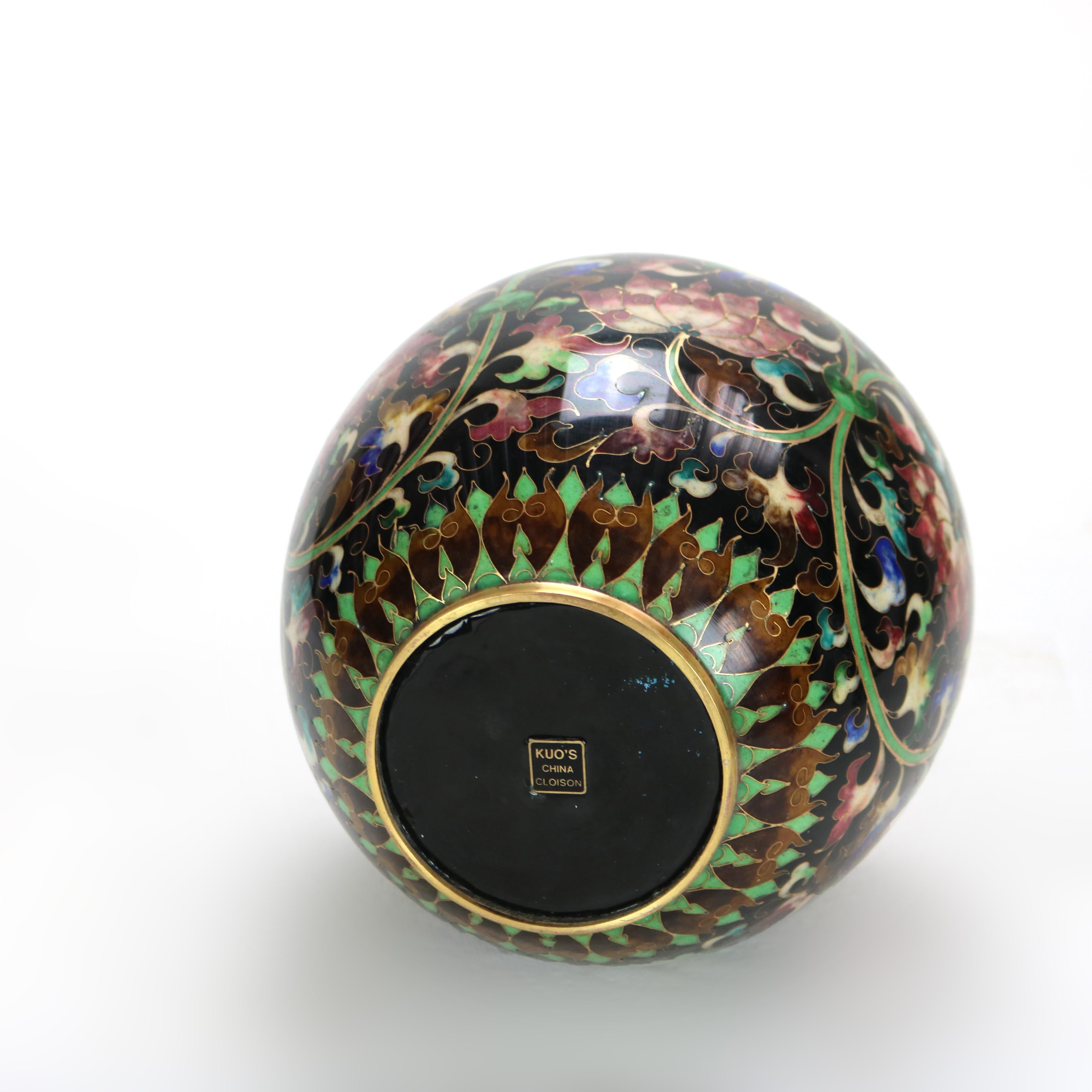 Large Chinese Black Cloisonne Floral Enameled Vase Signed 20thC 2