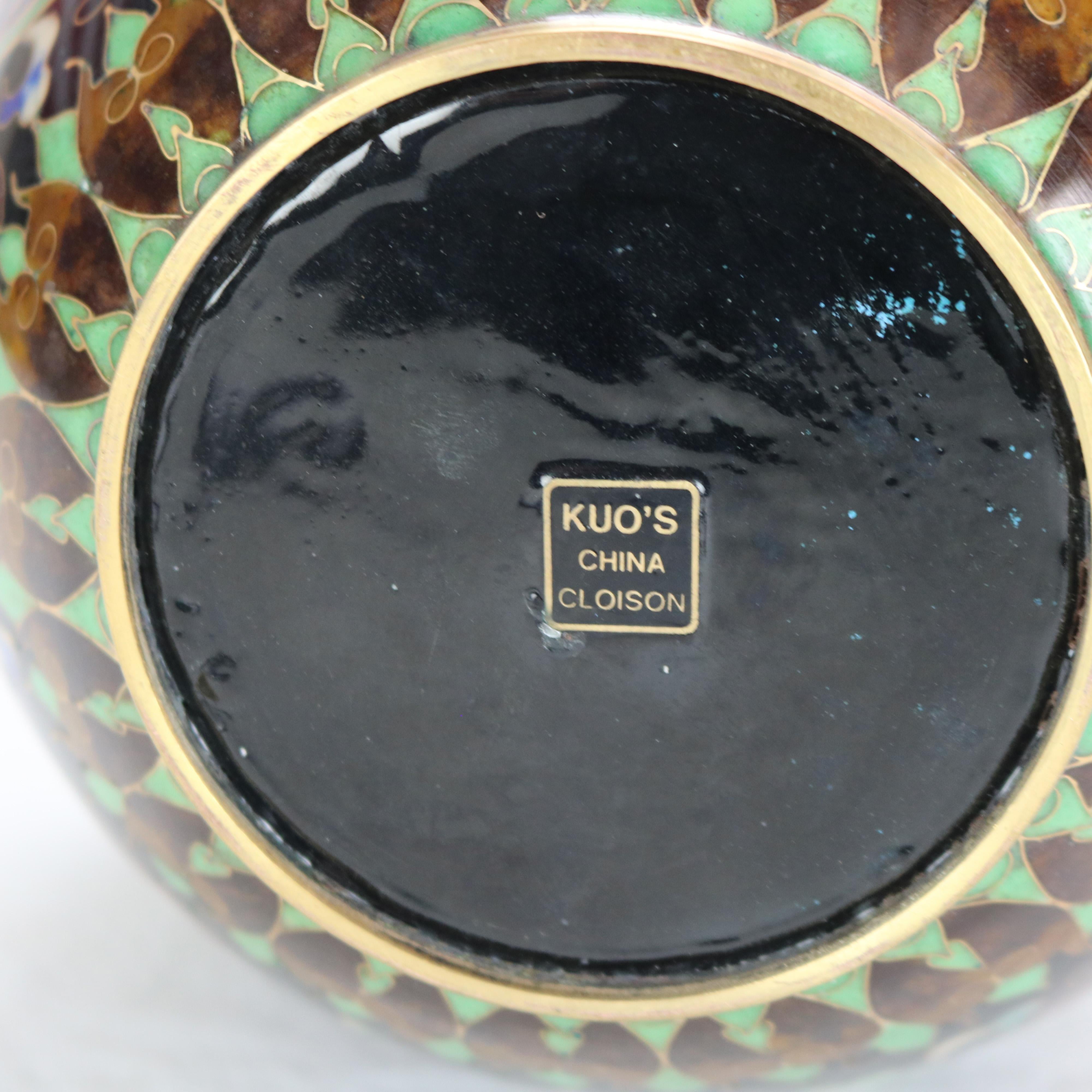 Large Chinese Black Cloisonne Floral Enameled Vase Signed 20thC 3