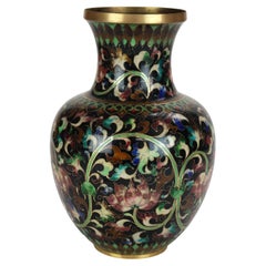Large Chinese Black Cloisonne Floral Enameled Vase Signed 20thC