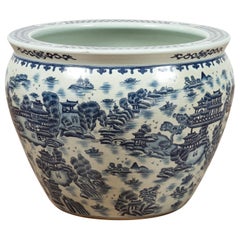 Used Large Chinese Blue and White Ceramic Planter with Architectures in Landscapes
