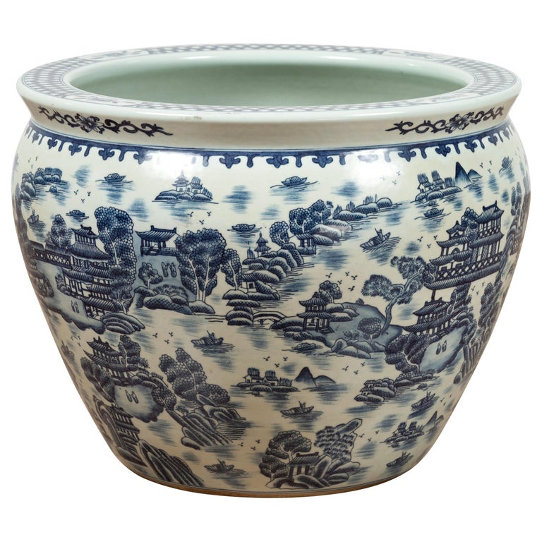 Large Chinese Blue and White Ceramic Planter with Architectures in Landscapes For Sale at