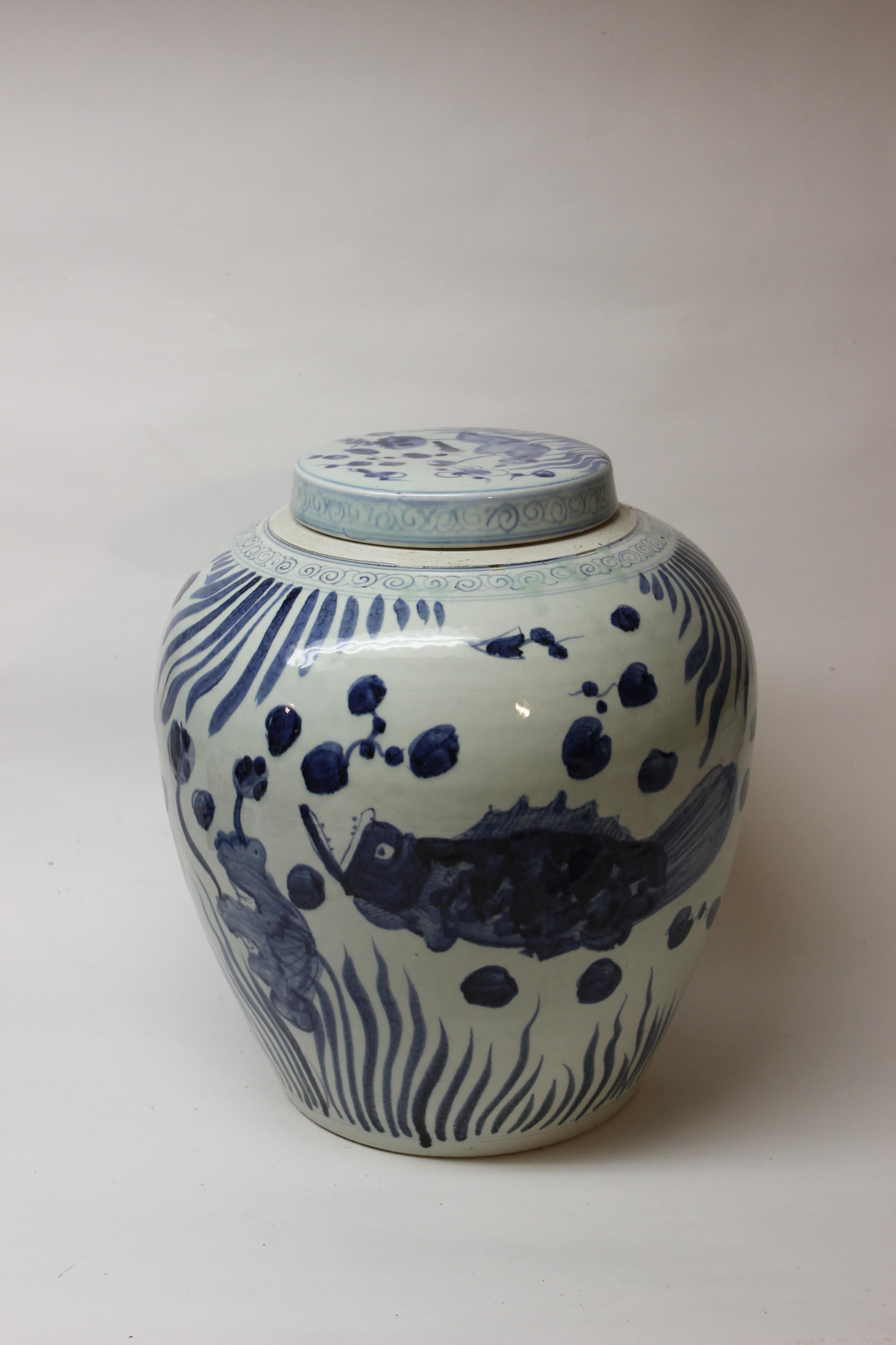 Large Chinese blue and white ginger jar with lid.