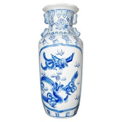 Large Blue and White Kangxi-Style Chinese Porcelain Floor Vase, Foo Dog Handles