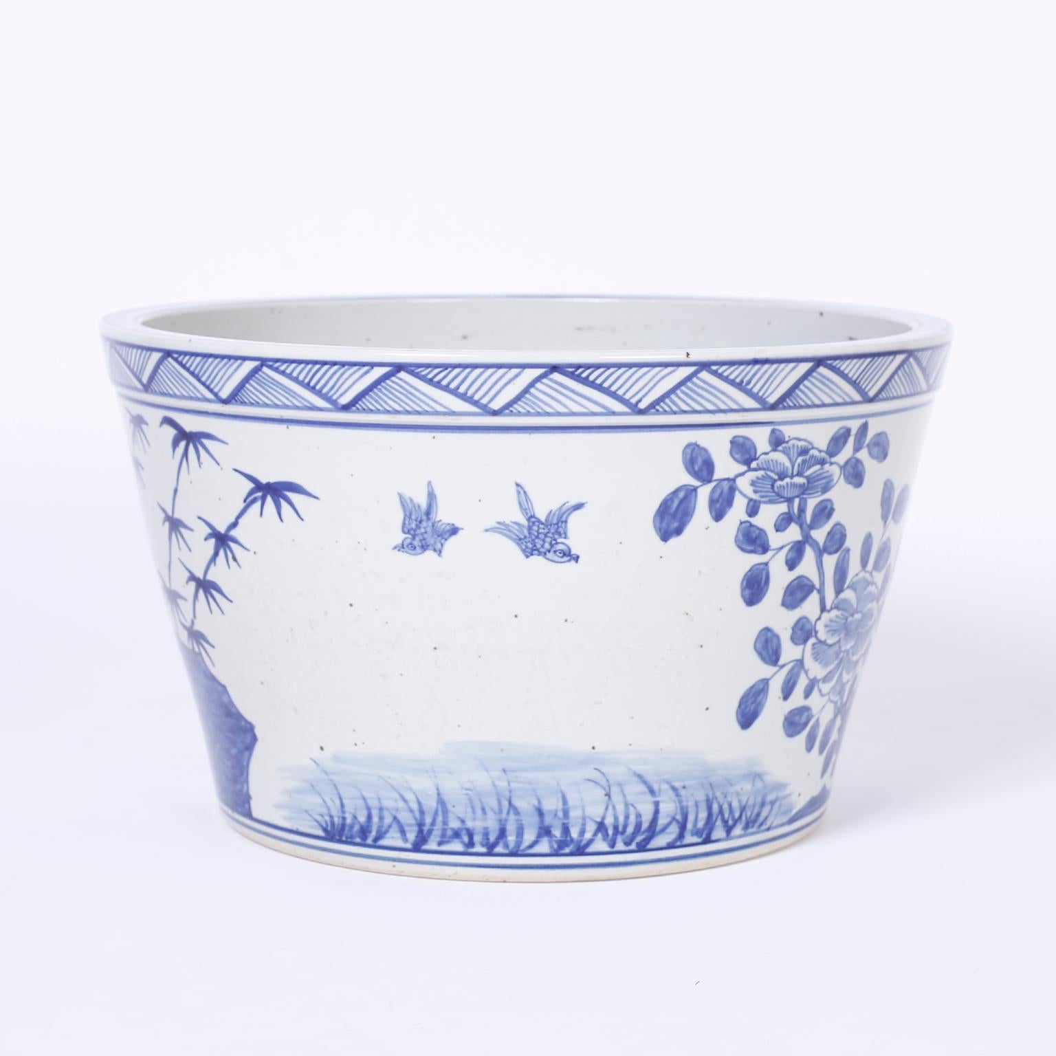 Large Chinese Blue and White Porcelain Bowl or Planter In Excellent Condition In Palm Beach, FL