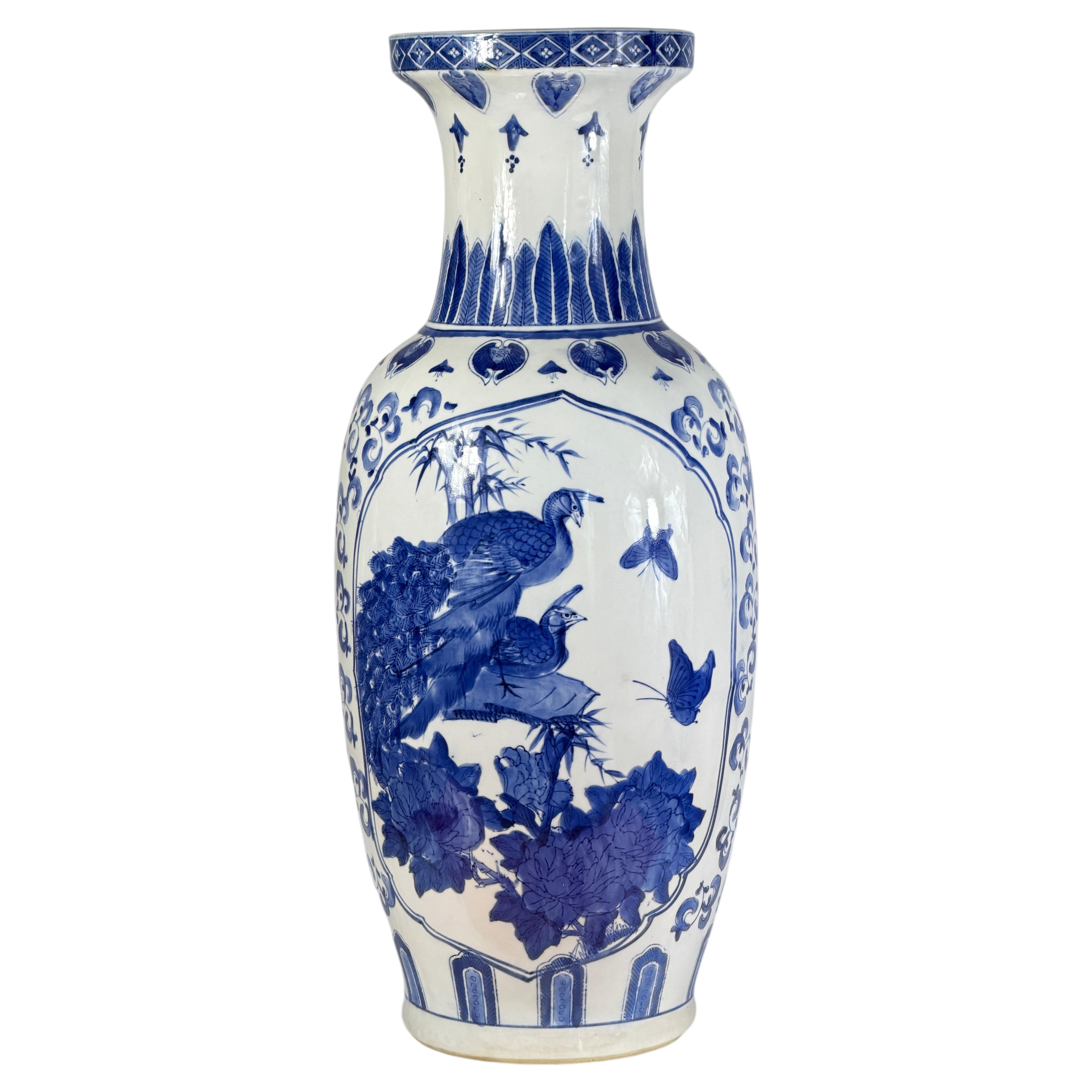Large Chinese Blue and White Porcelain Floor Vase with with Birds - 24.8 in