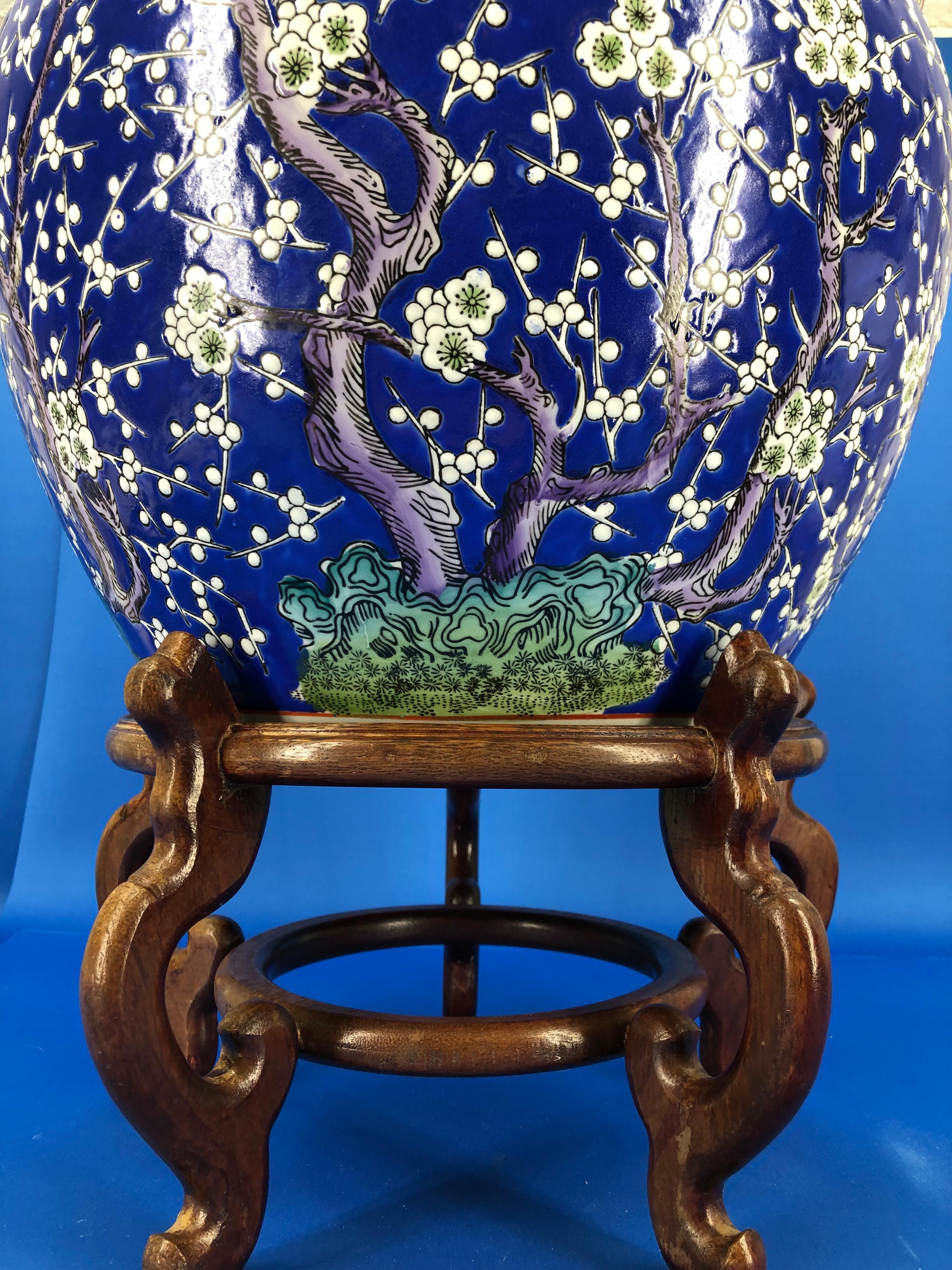 Large Chinese Blue Decorated Porcelain Jardinieres Planter on Wooden Stand 1