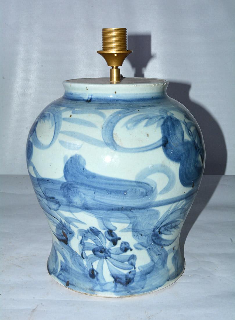 Chinese Export Large Chinese Blue Grey Pottery Table Lamps