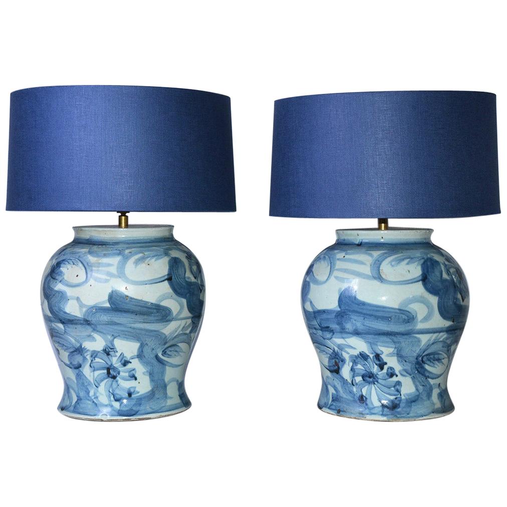 Large Chinese Blue Grey Pottery Table Lamps
