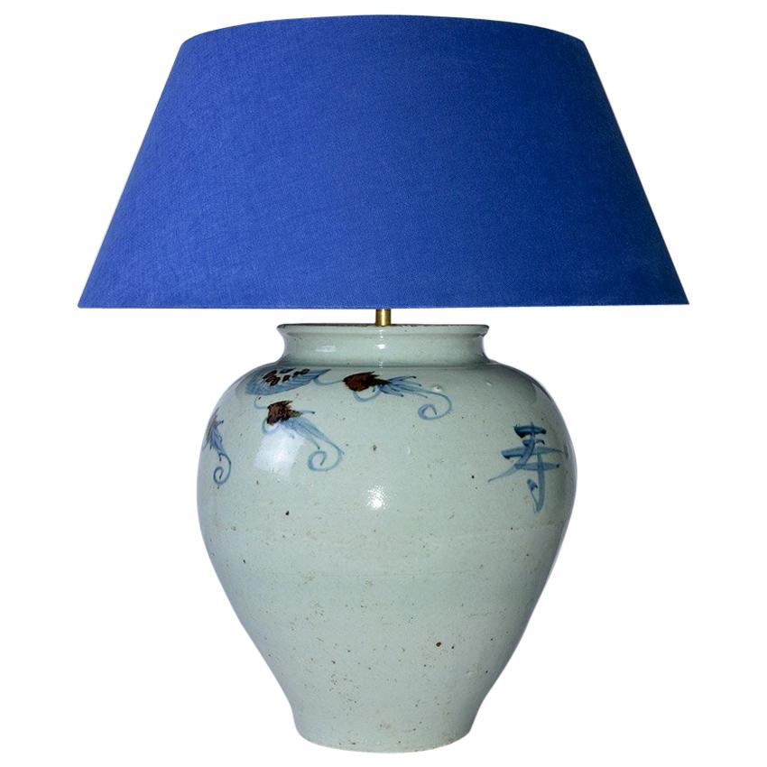 Grandes lampes de bureau chinoises en poterie bleu-gris
