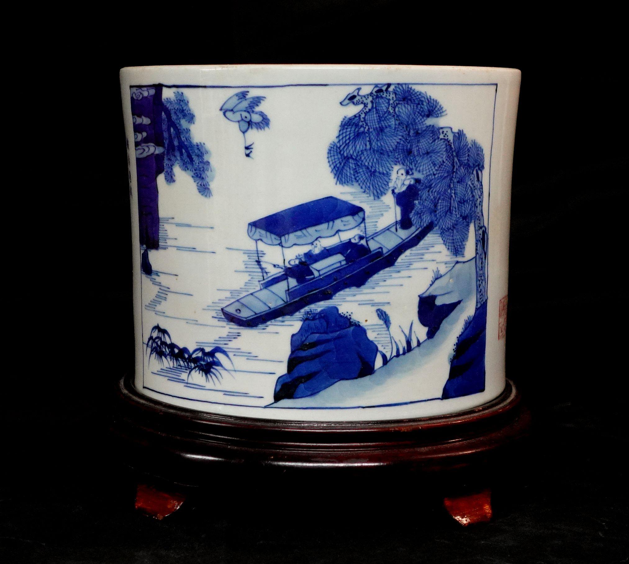 Beautifully painted in varying shades and tones of underglaze blue and white showing figures in an imperial courtyard scene and a famous poem from the Tang Dynasty from Circa 690.
 
