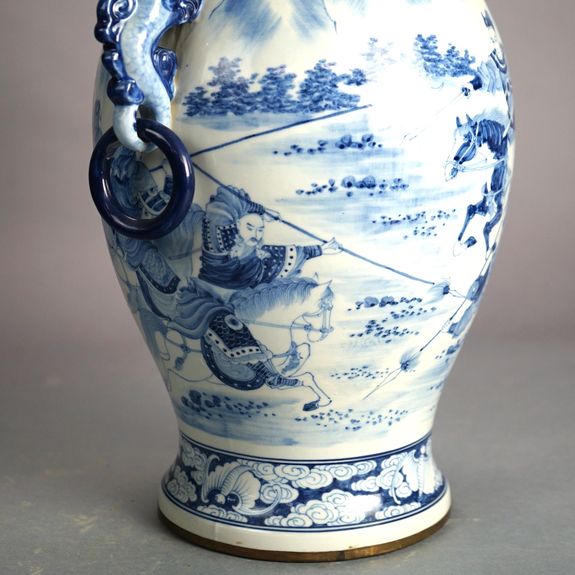 Large Chinese Blue & White Figural Porcelain Handled Vase, Longqing Mark 20thC In Good Condition For Sale In Big Flats, NY