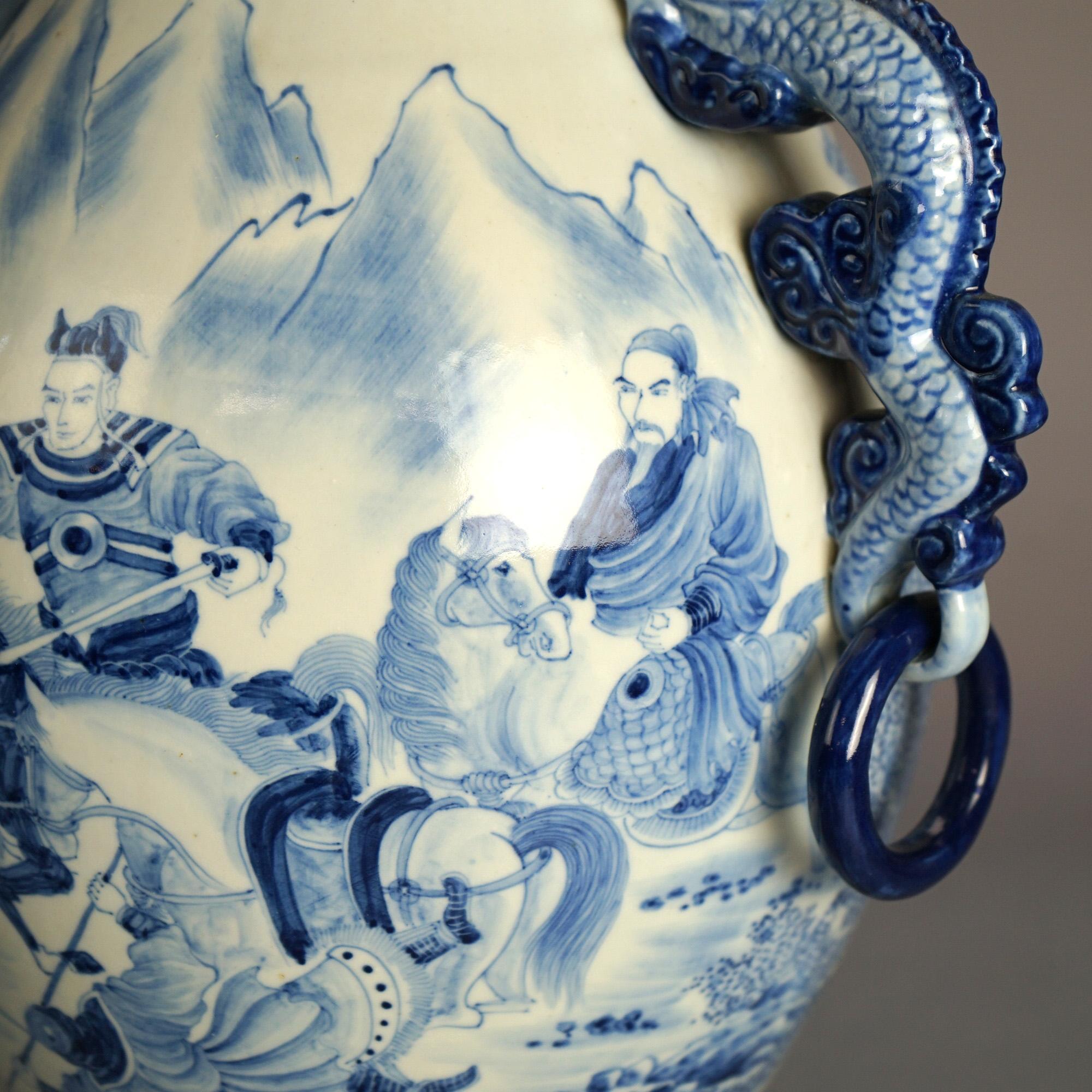 20th Century Large Chinese Blue & White Figural Porcelain Handled Vase, Longqing Mark 20thC For Sale
