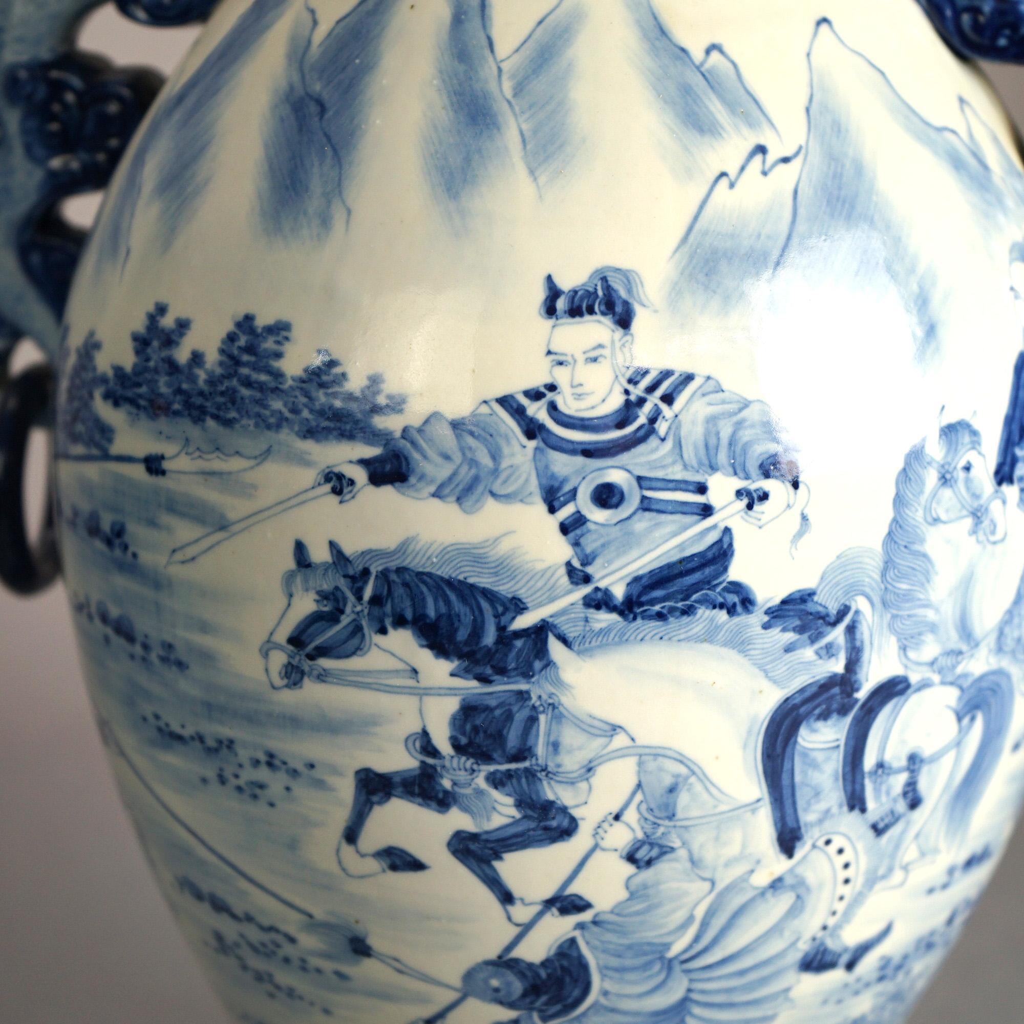 Large Chinese Blue & White Figural Porcelain Handled Vase, Longqing Mark 20thC For Sale 1