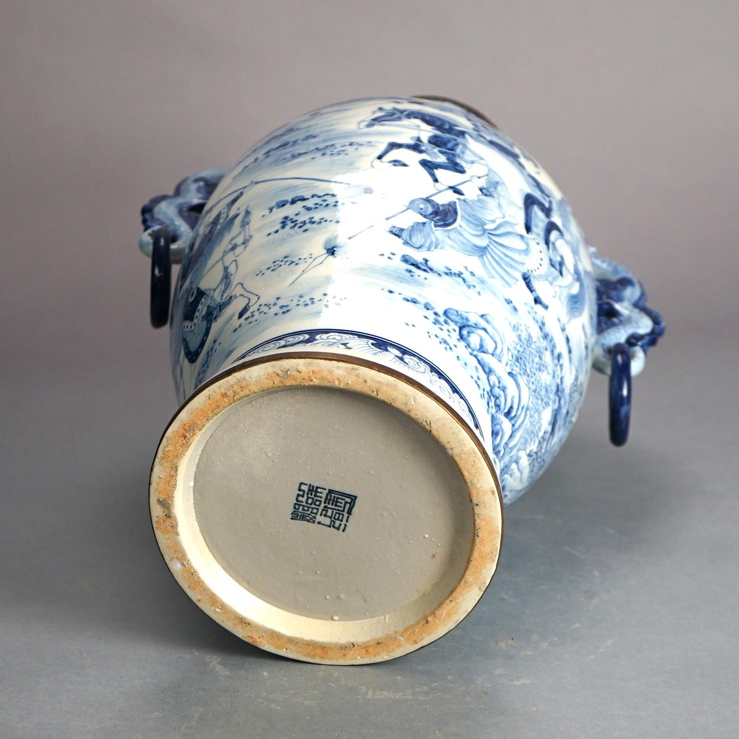 Large Chinese Blue & White Figural Porcelain Handled Vase, Longqing Mark 20thC For Sale 2