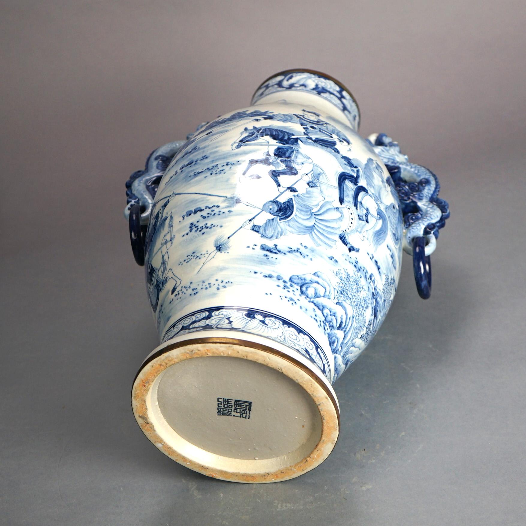 Large Chinese Blue & White Figural Porcelain Handled Vase, Longqing Mark 20thC For Sale 3