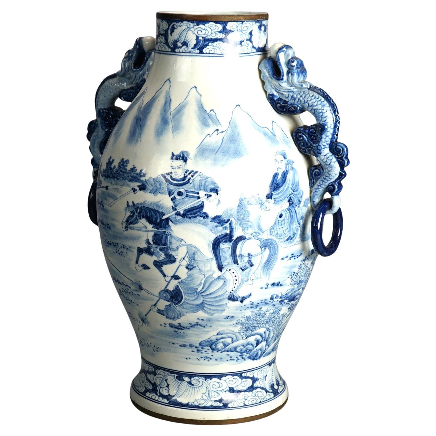 Large Chinese Blue & White Figural Porcelain Handled Vase, Longqing Mark 20thC For Sale