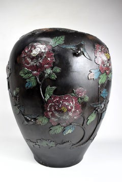 Large Japanese Bronze Relief Enameled Vase, Early 20th Century