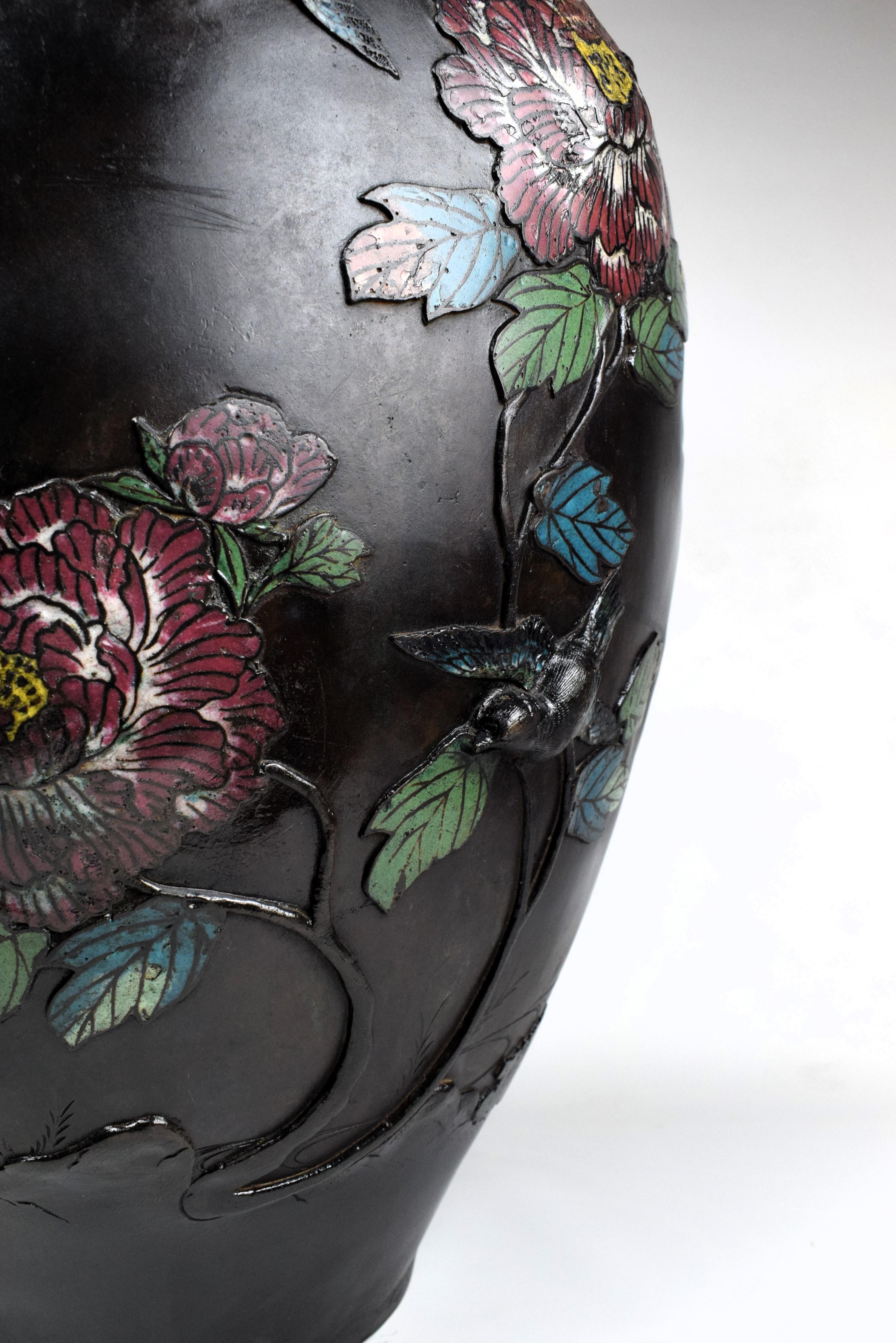 Qing Large Japanese Bronze Relief Enameled Vase, Early 20th Century For Sale