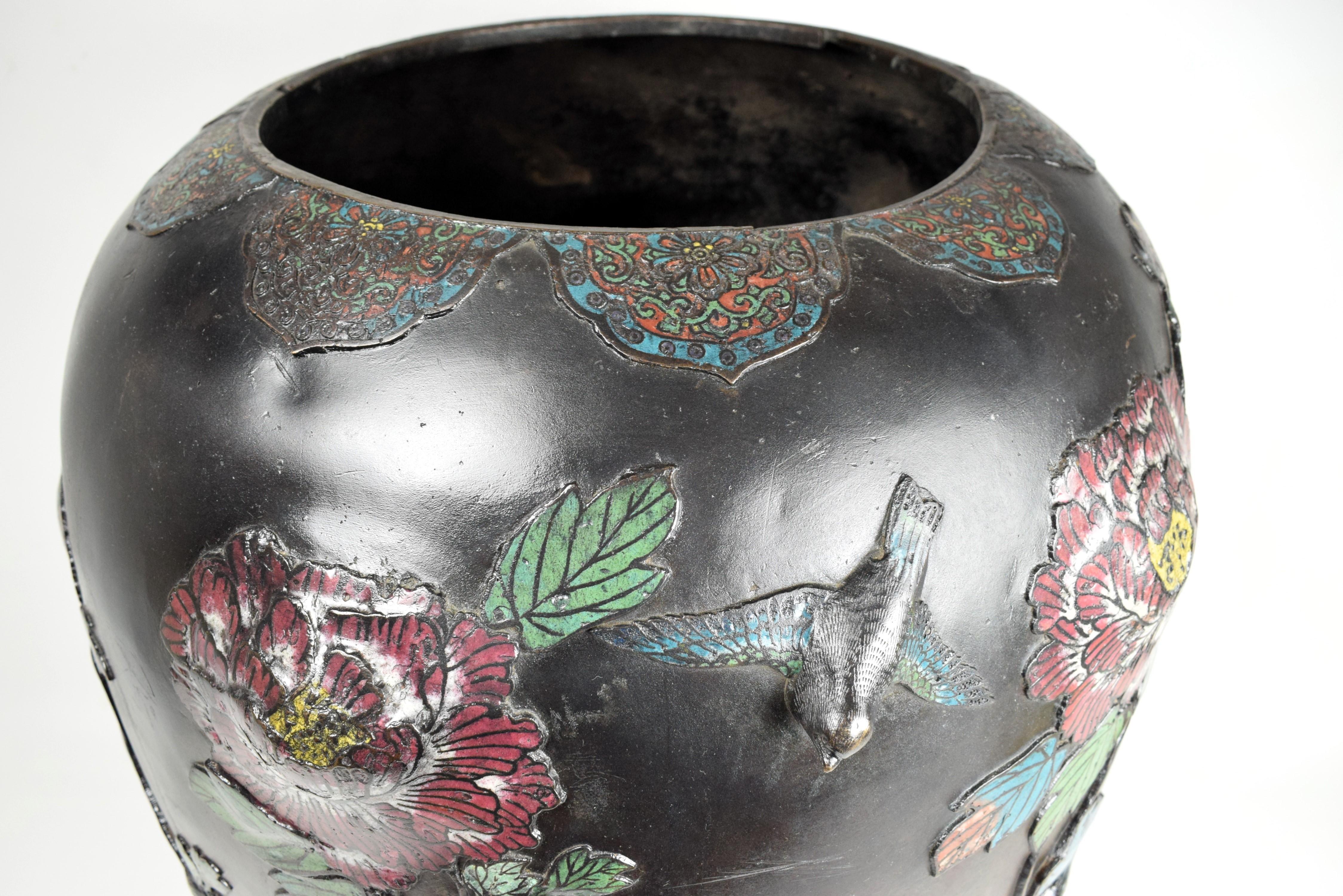 Chinese Large Japanese Bronze Relief Enameled Vase, Early 20th Century For Sale