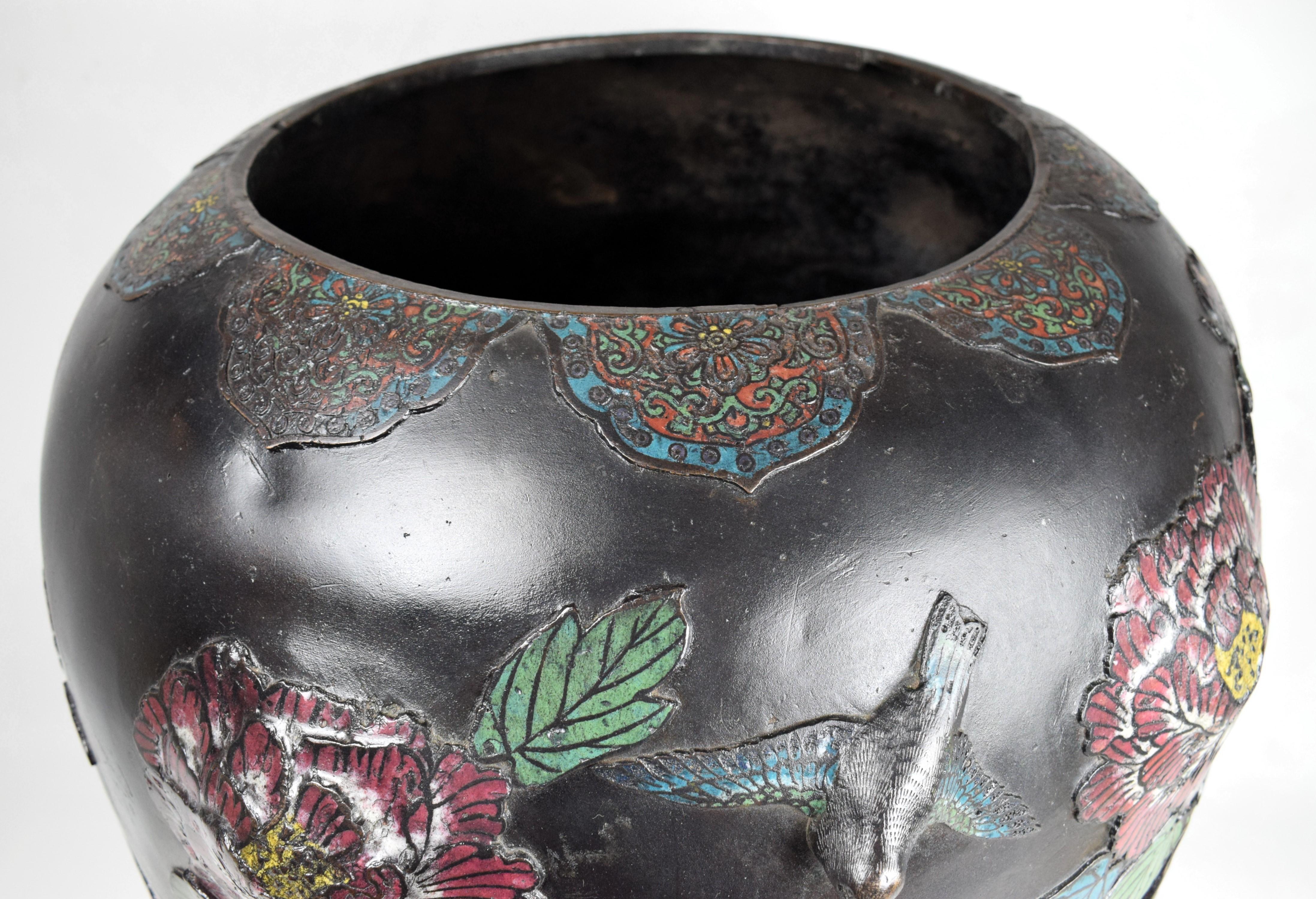 Carved Large Japanese Bronze Relief Enameled Vase, Early 20th Century For Sale