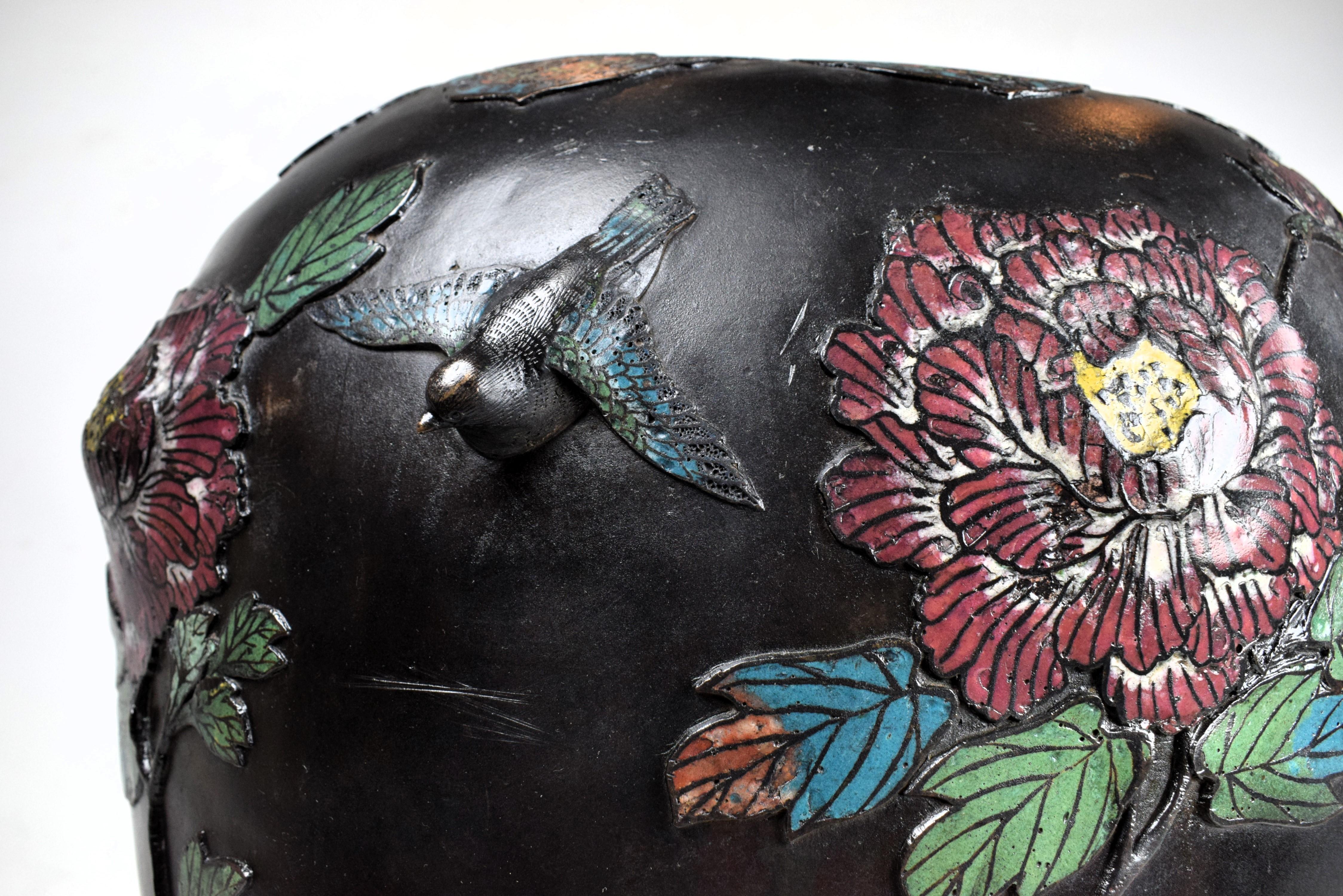 Large Japanese Bronze Relief Enameled Vase, Early 20th Century In Good Condition For Sale In Islamabad, PK