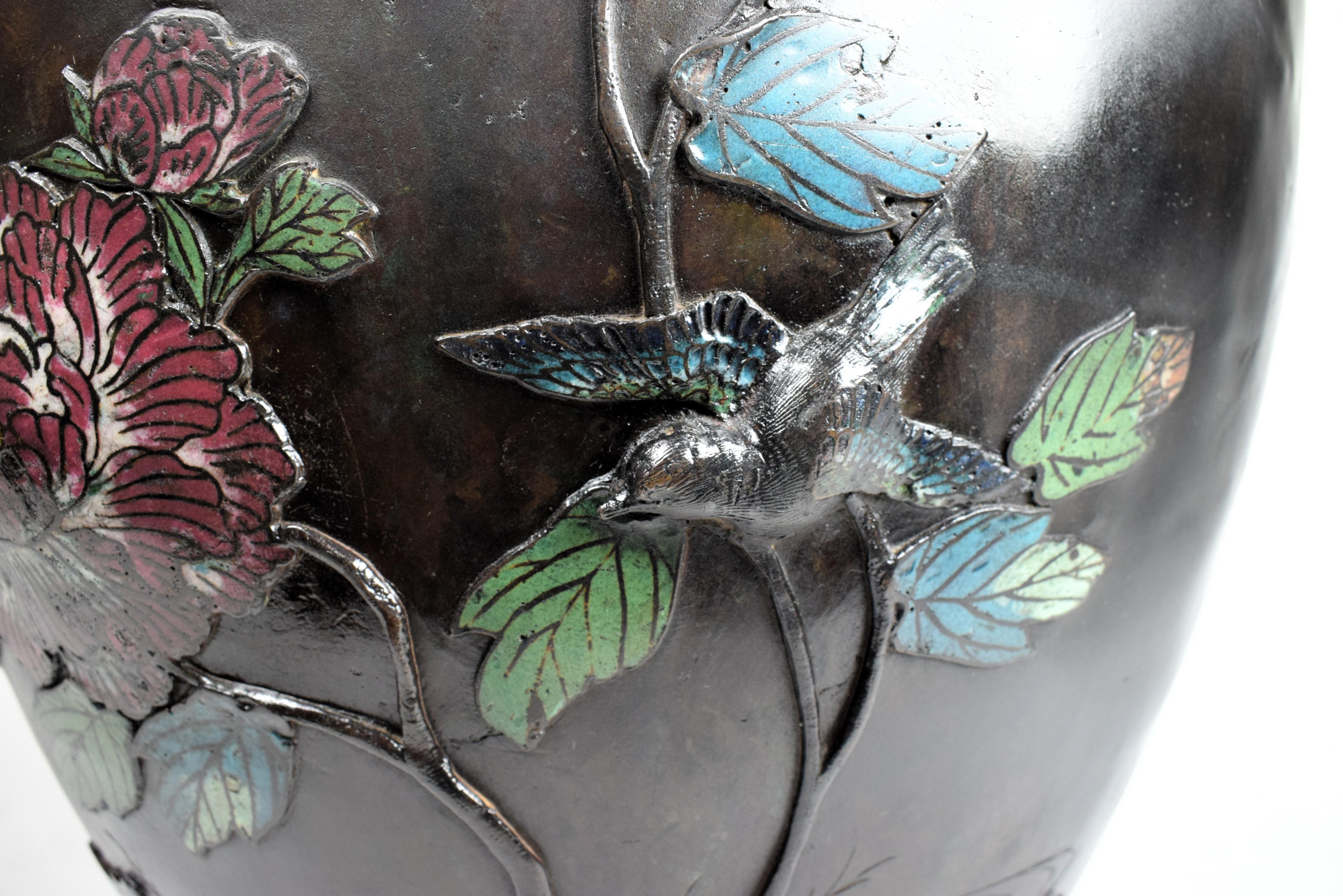19th Century Large Japanese Bronze Relief Enameled Vase, Early 20th Century For Sale