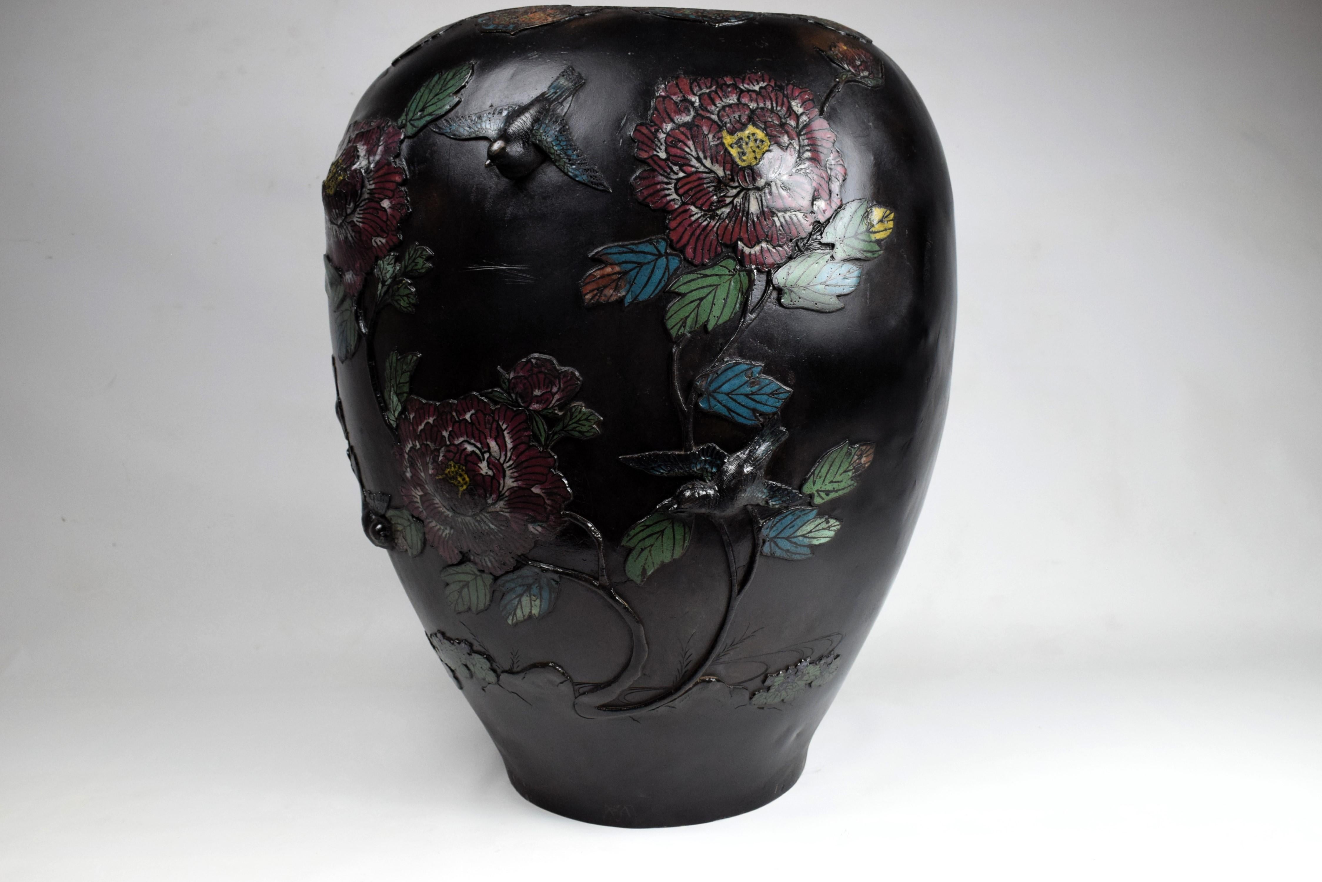 Large Japanese Bronze Relief Enameled Vase, Early 20th Century For Sale 1