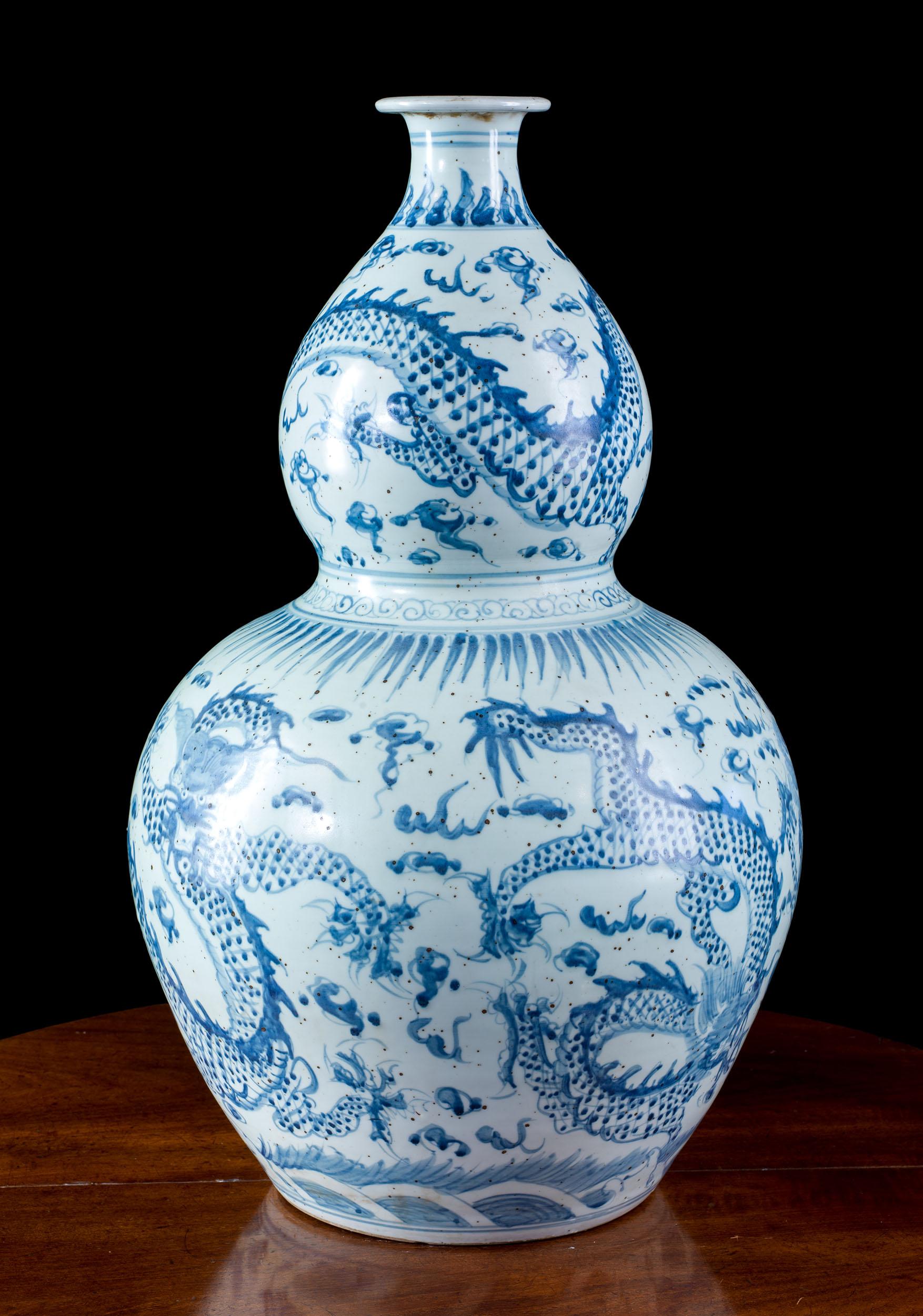 Chinois Grand vase chinois Calabash bleu et blanc en vente