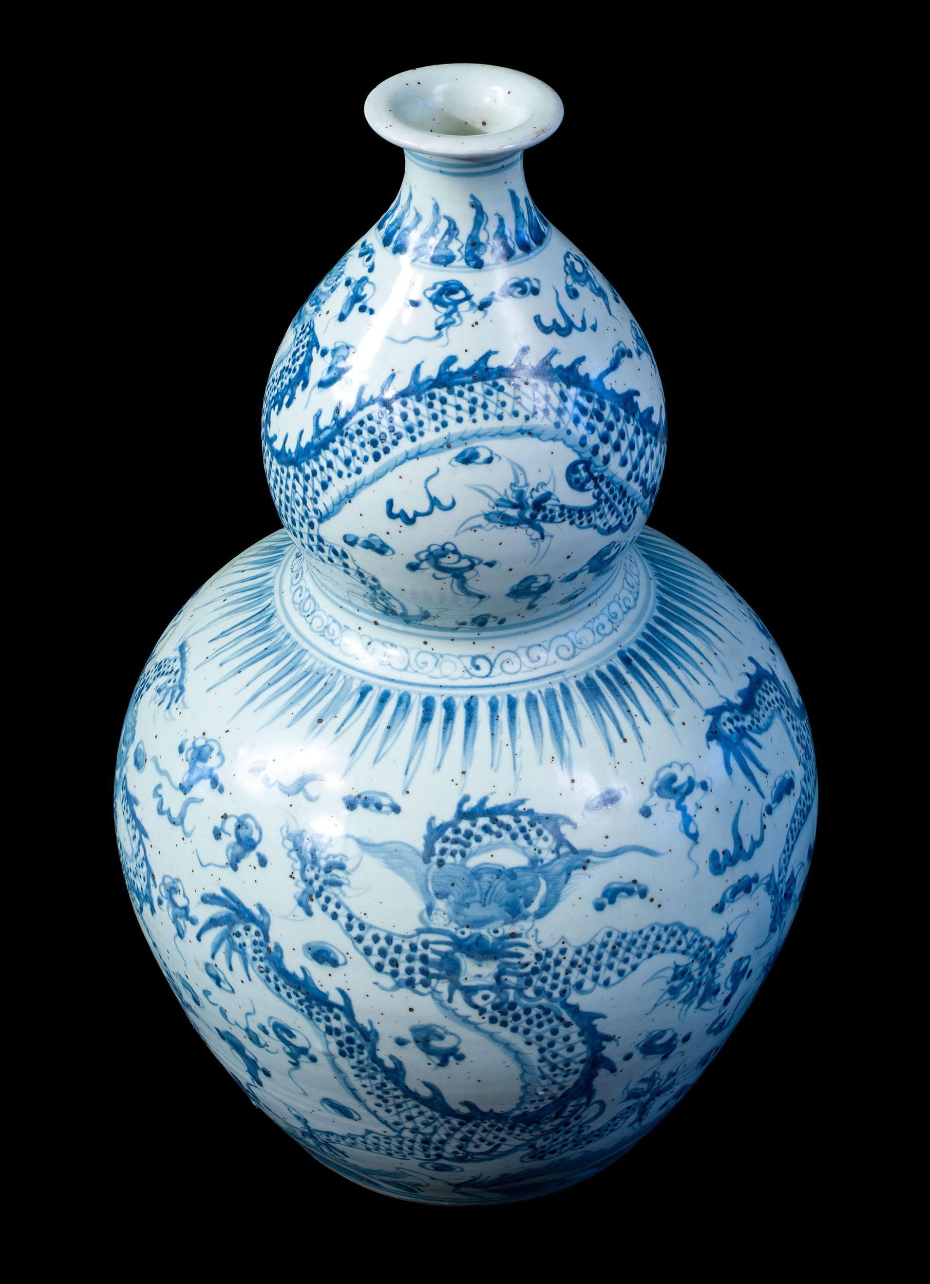Porcelaine Grand vase chinois Calabash bleu et blanc en vente